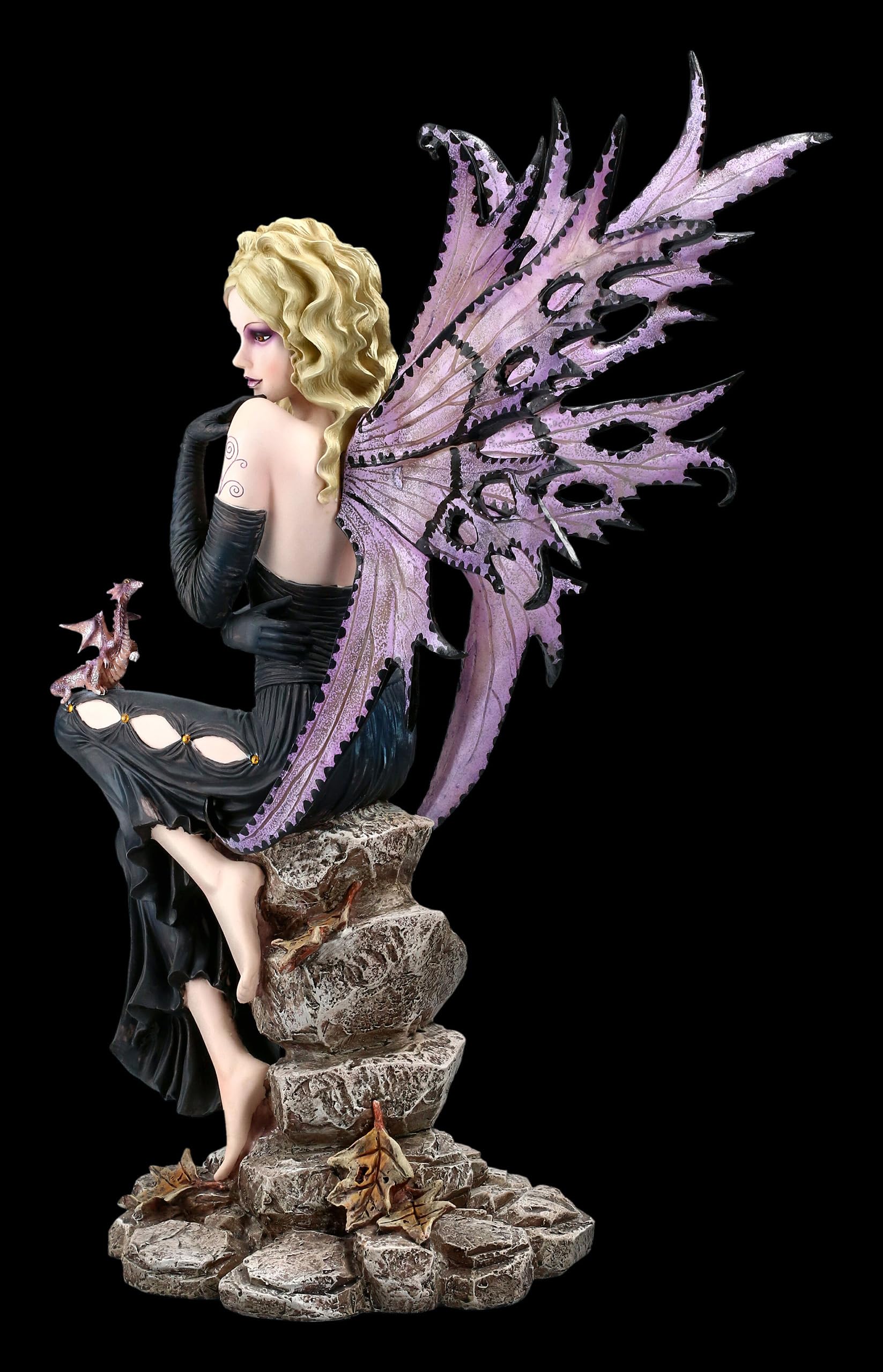 Elfo seducente Liliana con drago viola 50 cm, sensuale, biondo, abito scuro, statua d'elfo, figura fata