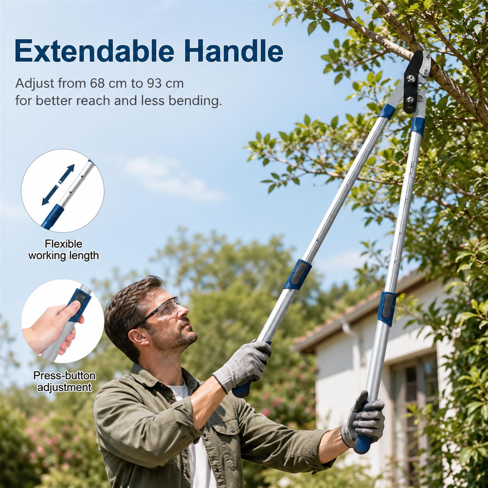 GOOGO Sécateur télescopique 68-93 cm, robuste, avec lames en acier au carbone SK5 et revêtement antiadhésif en téflon, poignée extensible, pour l'élagage des branches épaisses
