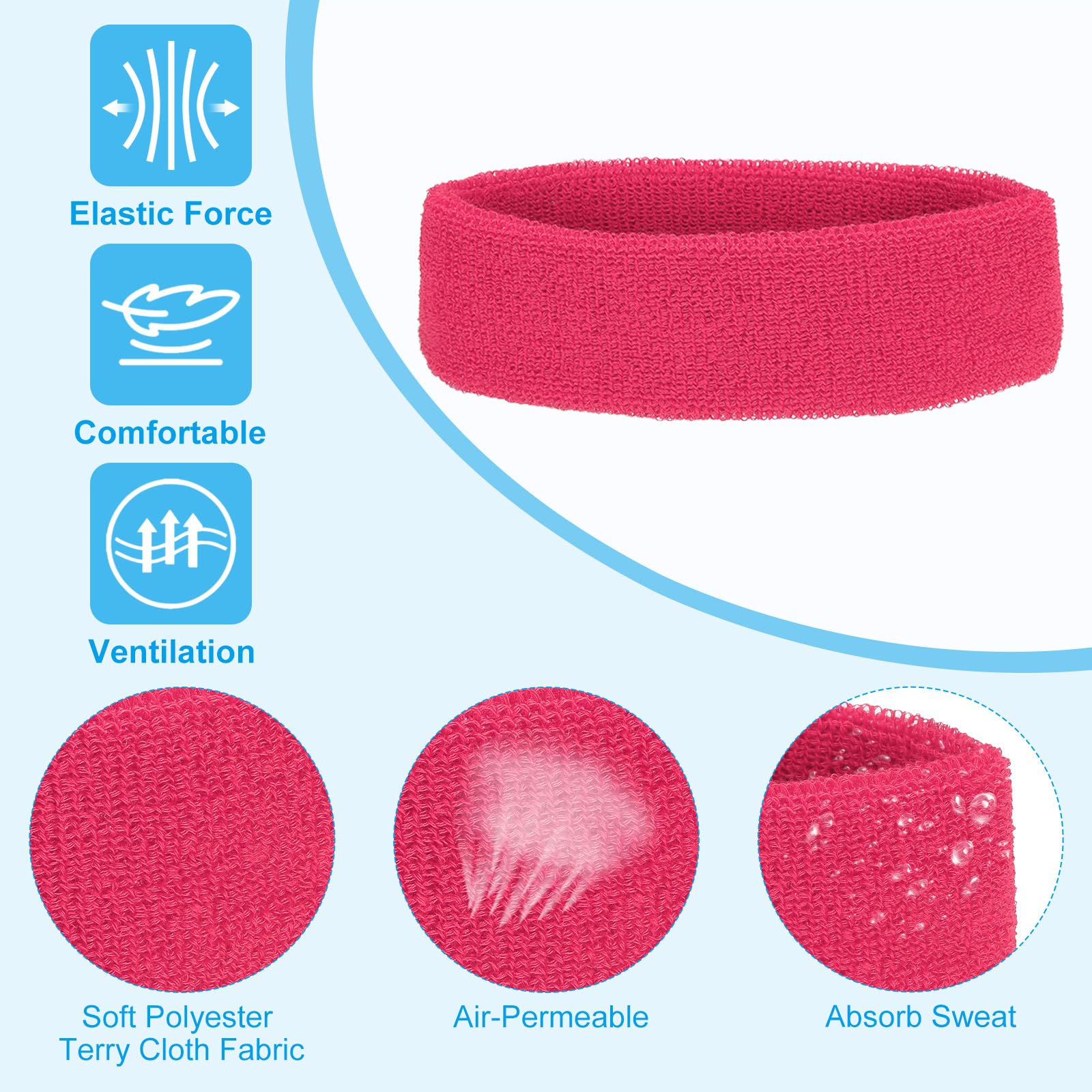 PATIKIL Fascia per Sudore, 12 Pezzi Fascia in Spugna Terry per Donna Uomo Sport Basket Tennis Atletica Palestra Lavoro, Rosa Rossa