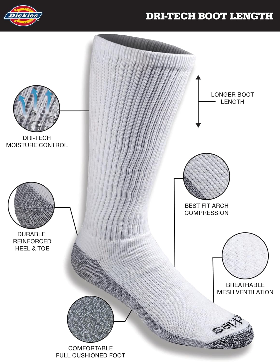 Dickies Men's Dri-Tech Moisture Control Boot-Length Socks, Available in L-XL (6, 12 Pairs) - Image 3