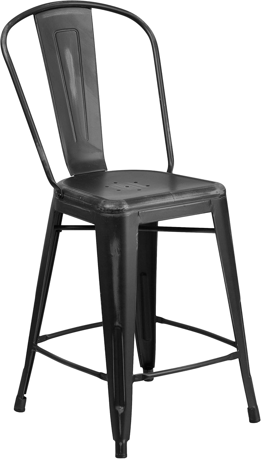 Flash Furniture Carly Commercial Grade 24" High Distressed Black Metal Indoor-Outdoor Counter Height Stool with Back
