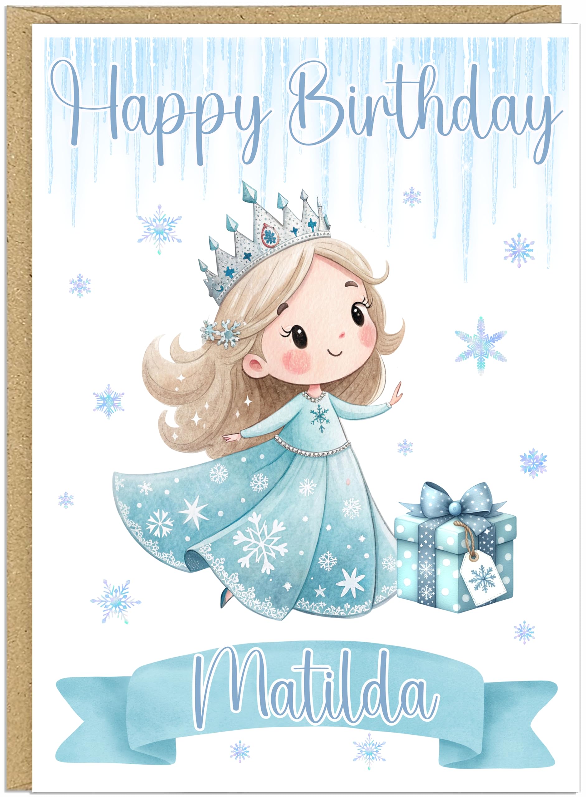 Personalised Winter Princess Happy Birthday Card with Age 1-9 - Custom Own Name & Own Age Number Balloon Blonde Ice Queen Crown Gifts A5 Greetings Card For Little Girls (No Number)