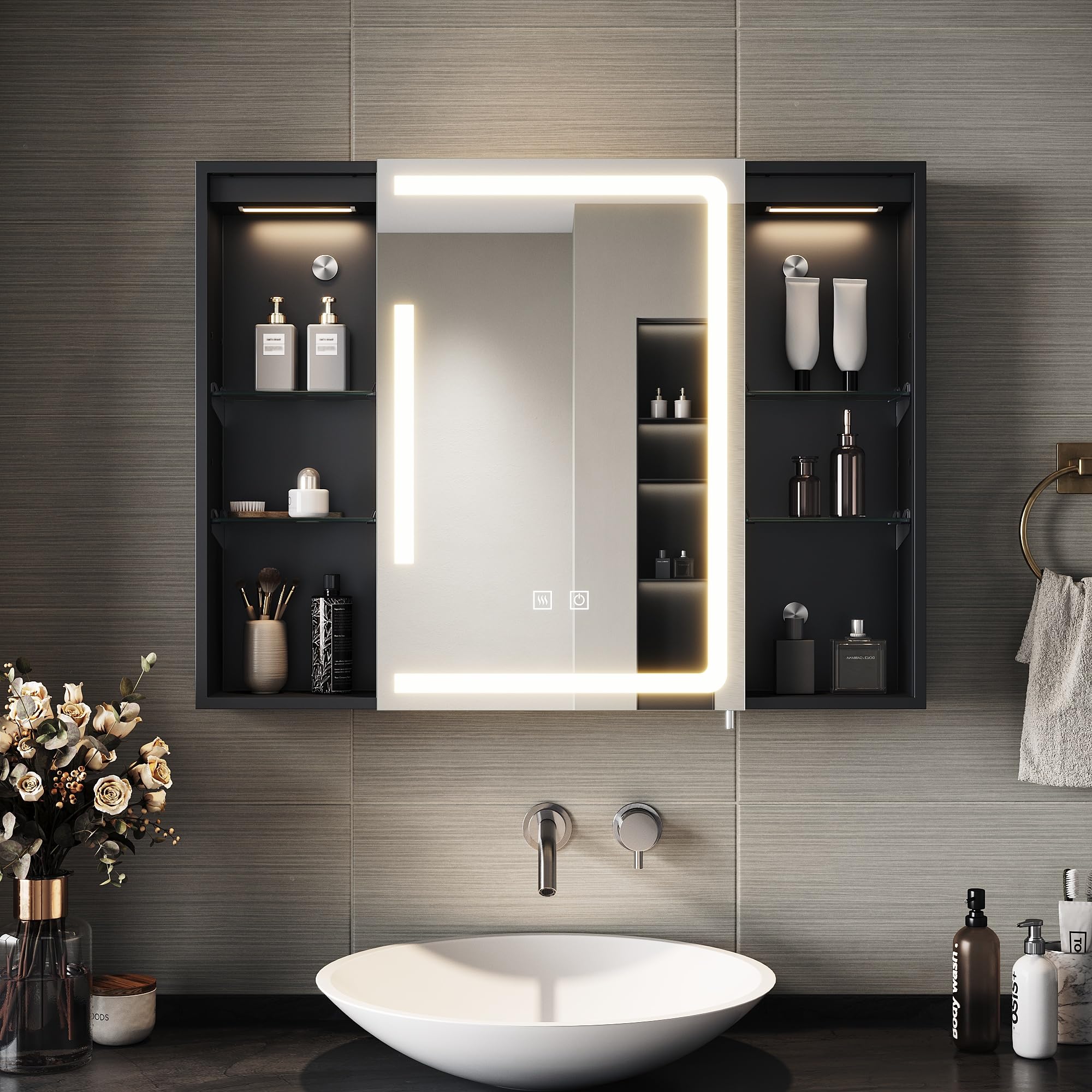 Sirhona - Armario de baño con iluminación LED y tomas de corriente, interruptores de control táctil, regulable, con almacenamiento y estantes de cristal ajustables, 80 x 60 x 13 cm