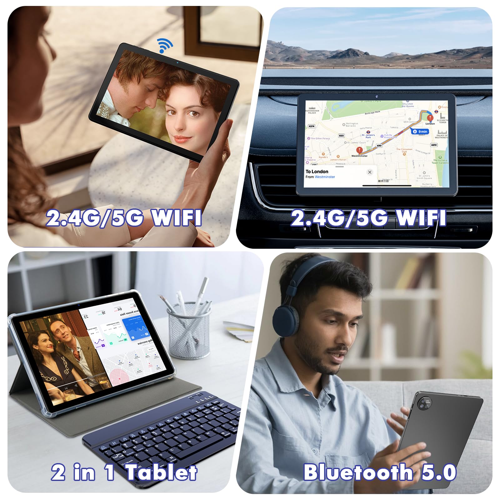Tablette 10 Pouces Android 15 : 24 Go RAM + 128 Go ROM (Jusqu'à 1 To), Processeur Octa-Core, écran IPS HD 1280x800, Caméras 5MP+8MP, Batterie 6000 mAh, Clavier, Souris, Widevine L1 (Noir), Gemini AI
