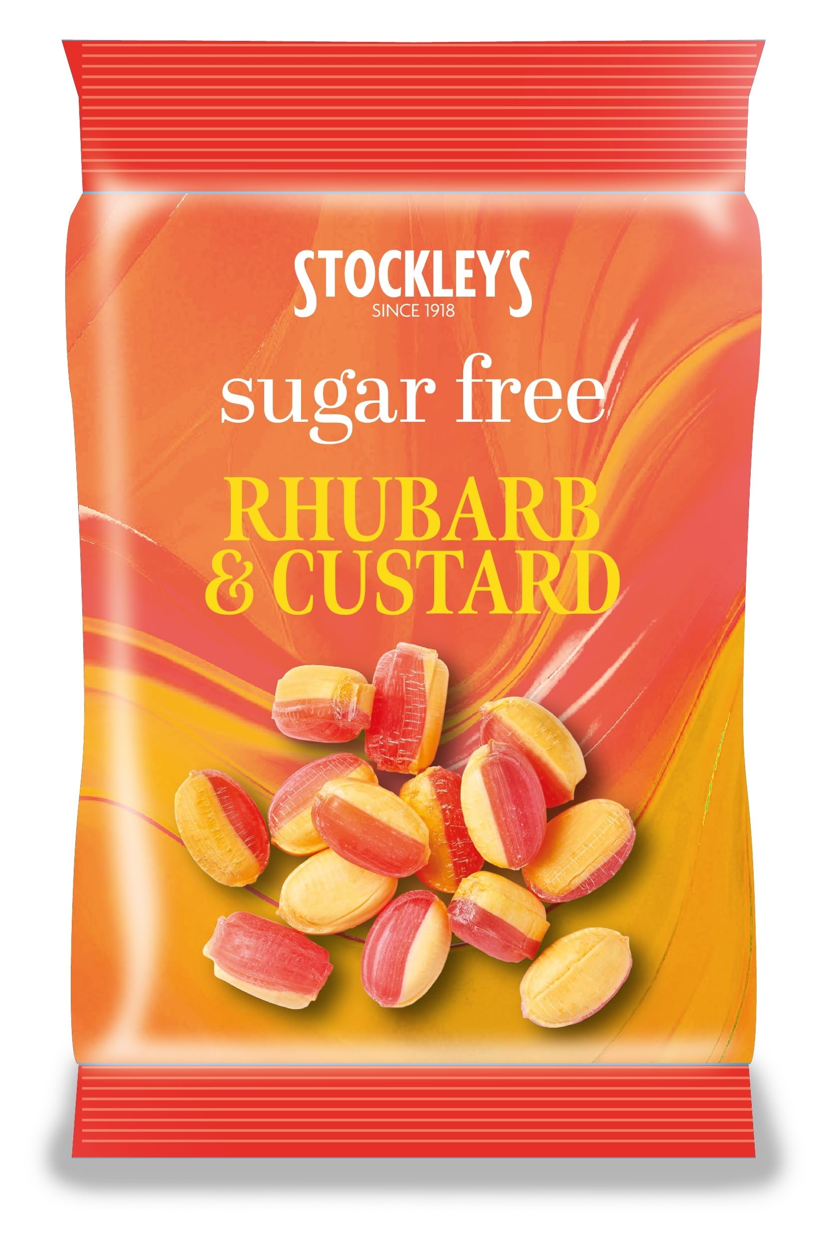 Stockley's Sugar-Free Rhubarb & Custard Sweets - 70g x 12 Pack | Sweet and Tart British Sweets | Hand-Crafted Sugar-Free Confectionery | Vegan