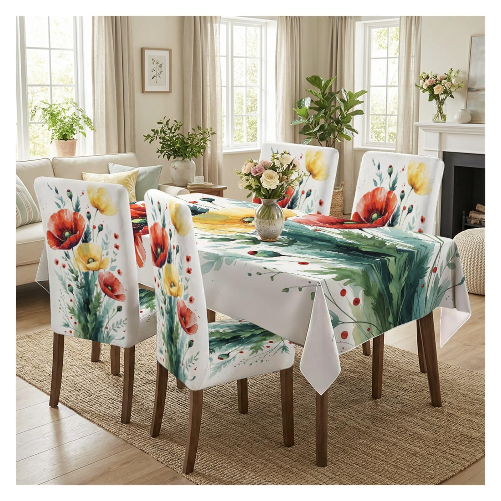 BOSUYBN Watercolor Red Yellow Poppy Floral Printed Dining Tablecloth & Chair Covers Set, 5/7 Piece Bright Wildflower Country Farmhouse Dining Decor Table Setting(5pcs Set: Tablecloth+Chair Covers)