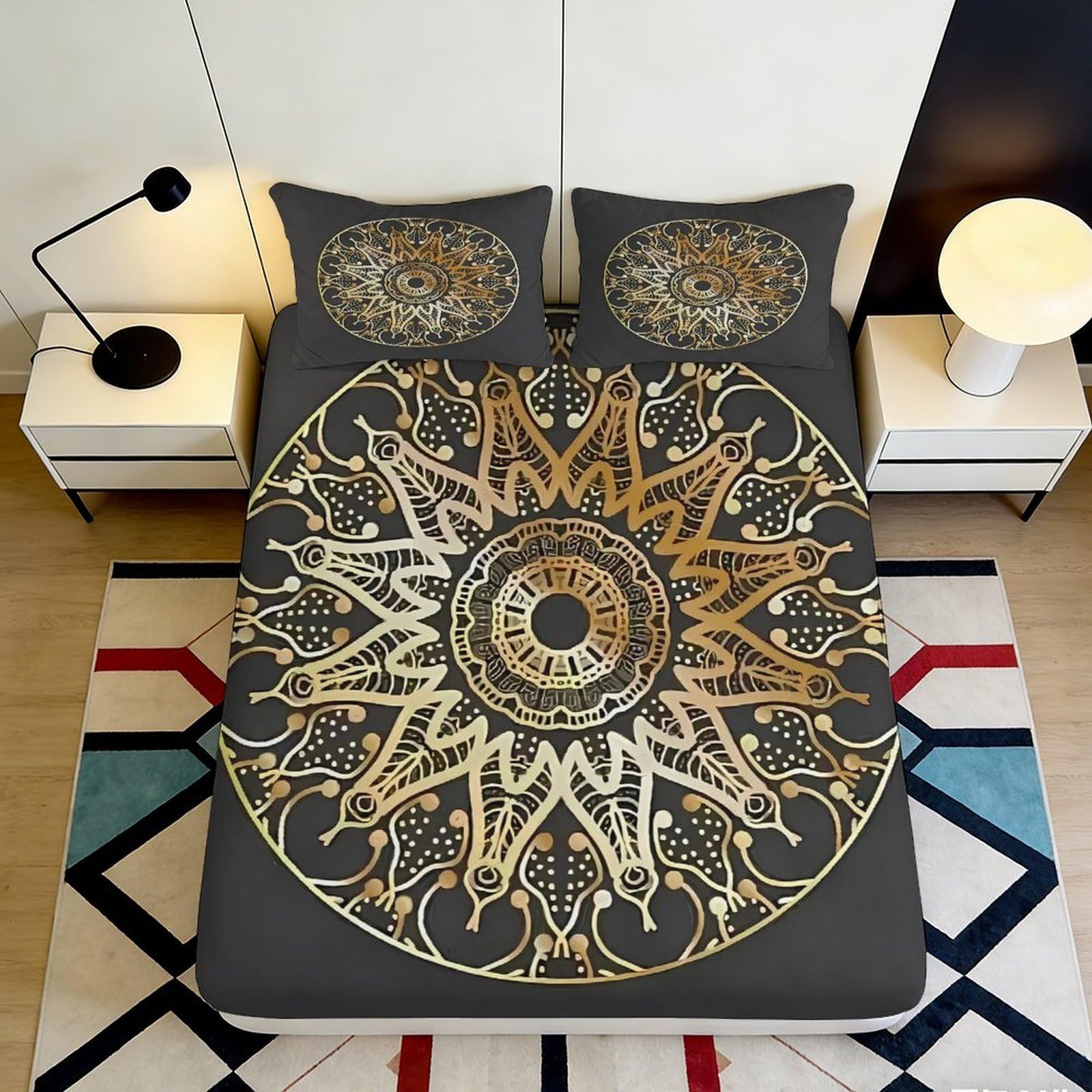 3D Printed Mandala Art Fitted Sheet Microfiber Soft Black Gold Boho Sunburst Bed Cover for Bedroom Dorm Decor 90x200x25cm
