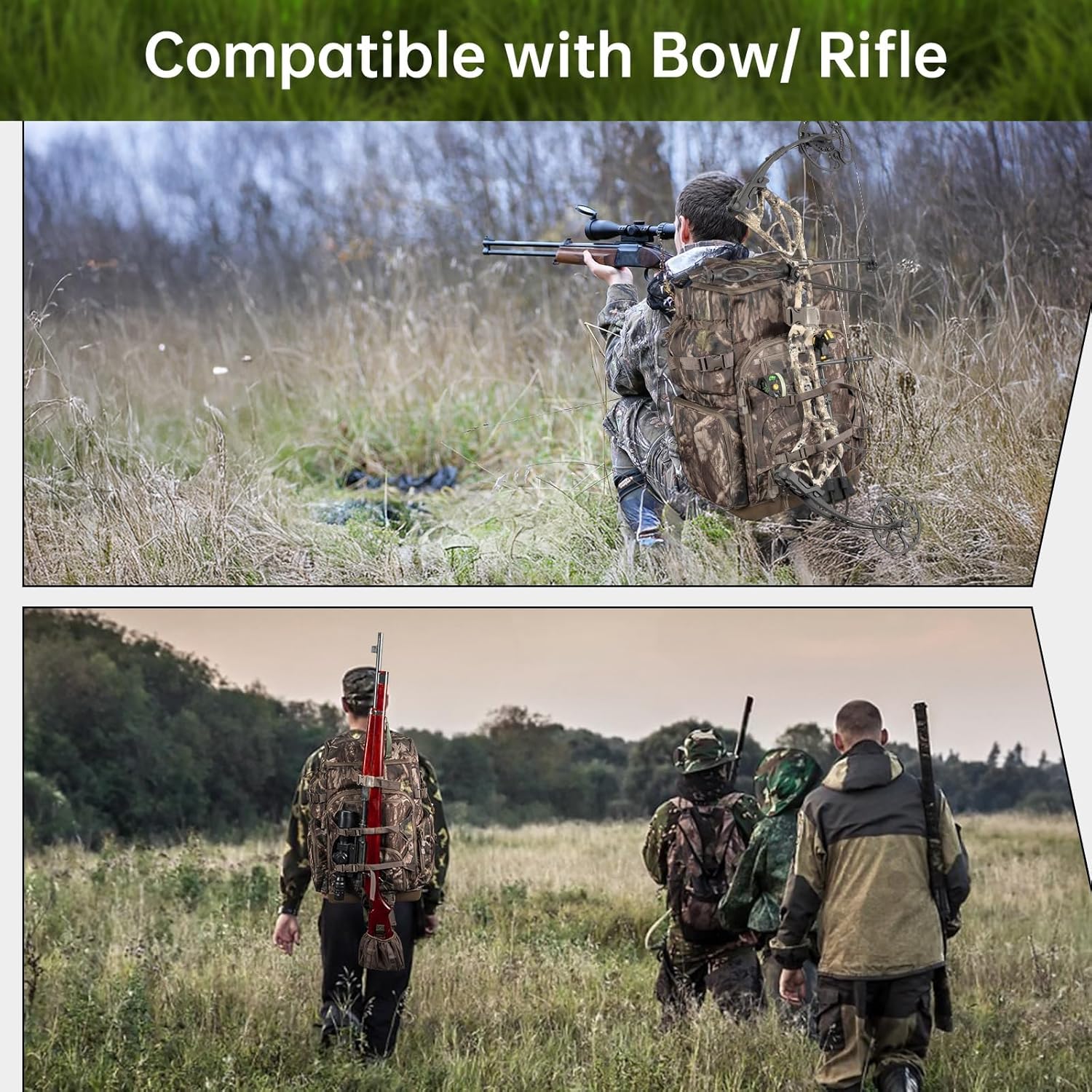 Hunting Backpack with Waterproof Rain Cover, Self Standing Hard Bottom, 50L Camo Hunting Day Pack for Bow Rifle Gun