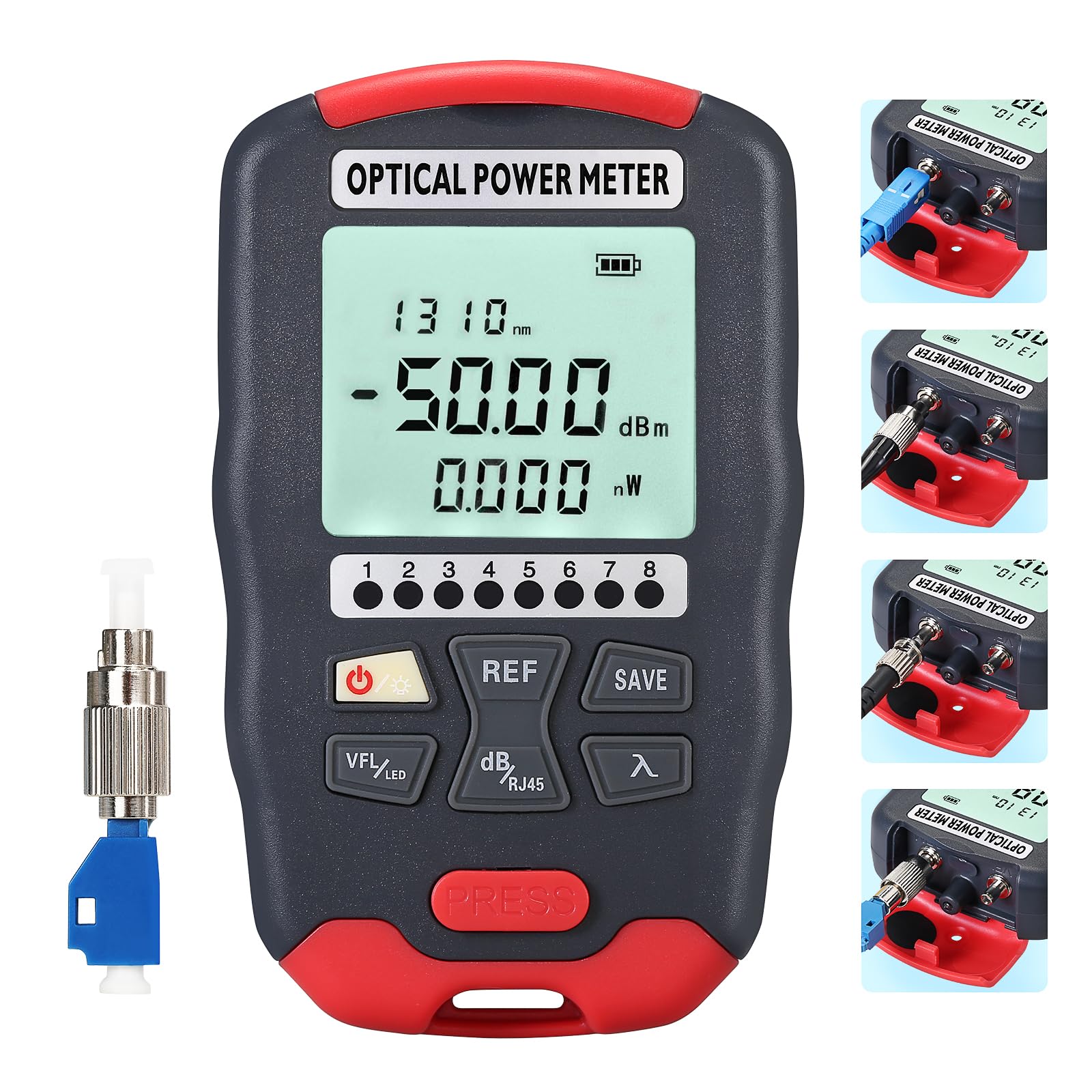 BAOSHLA D50 optical fiber power meter Built-in visual fault locator 50MW 4 in 1 function SC/FC/ST universal interface Fiber optic cable tester (OPM&VFL)+RJ45 tester With LED lighting and FC-LC adapter