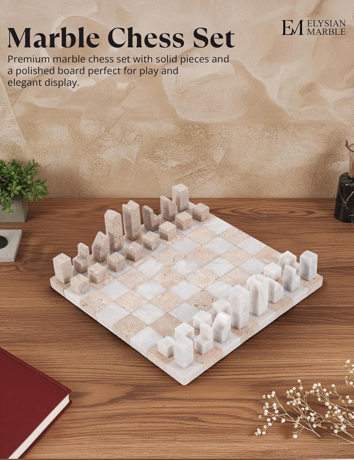 Modern Chess Set – Handcrafted Borderless Marble Chess Board with Minimalist Geometric Pieces, Luxury Decorative Chess Game for Coffee Table, Home Décor & Gifts