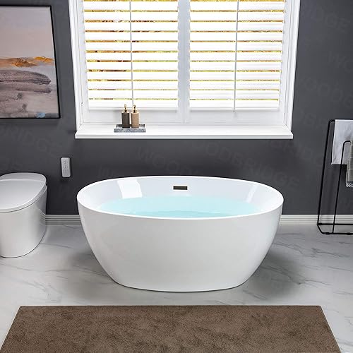 Vista 46 de WOODBRIDGE Bañera de acrílico independiente de 55 pulgadas, bañera blanca de remojo contemporáneo con desbordamiento y drenaje negro mate, B1418