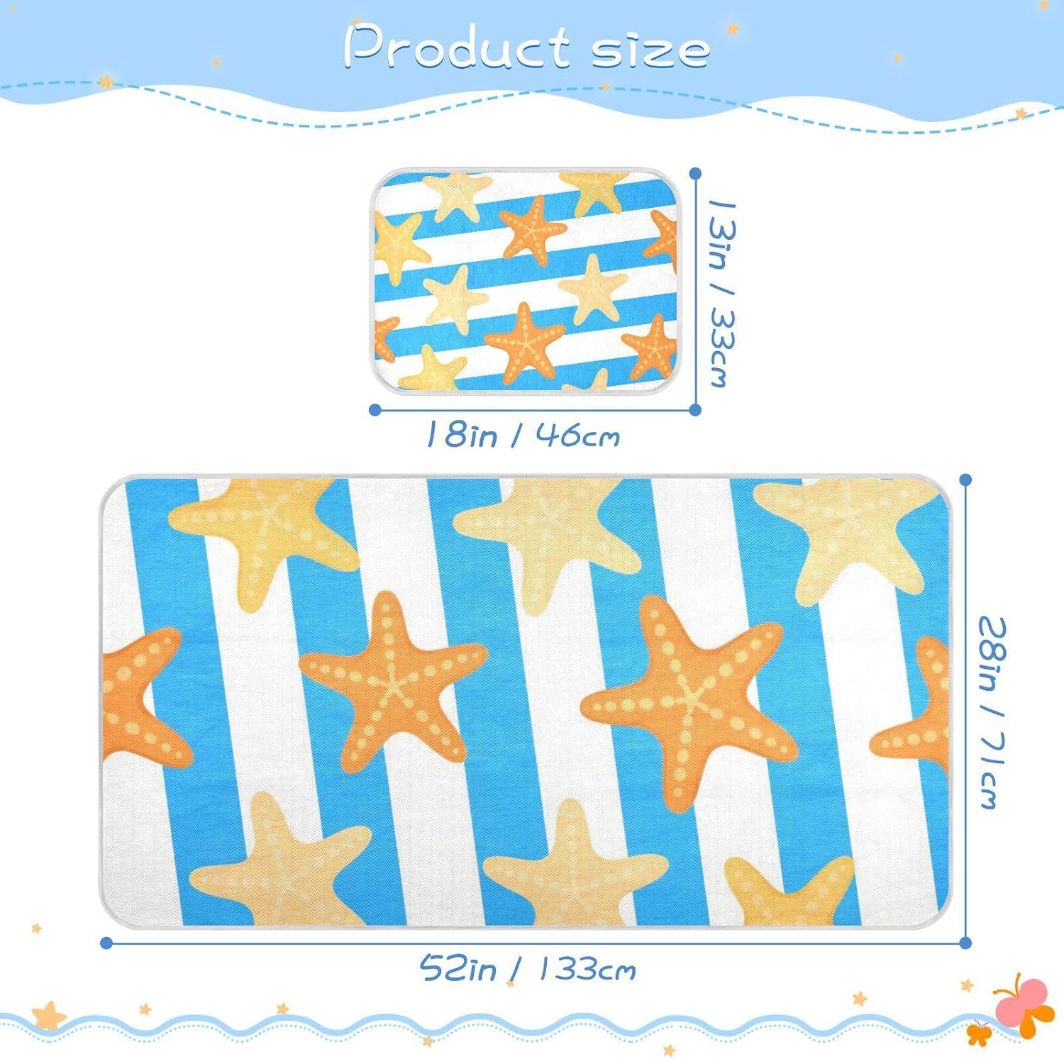 Blue White Striped Sea Starfish Cooling Baby Washable Mattress 28" x 52" Absorbent Crib Mattress pad for Baby&Toddler
