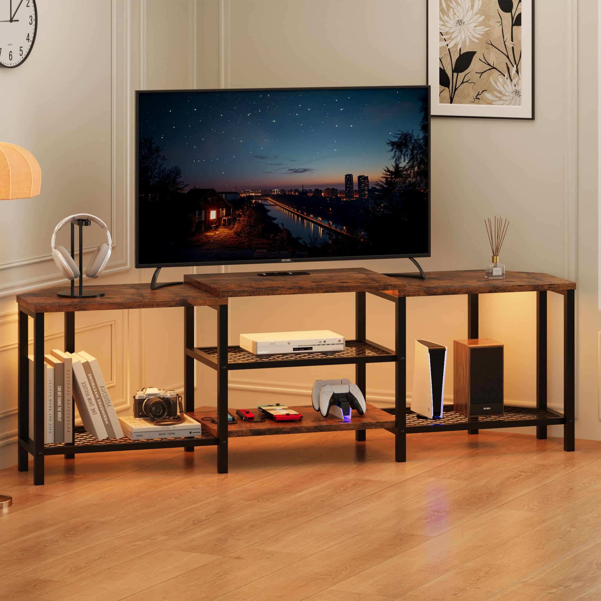 GAOMON TV Stand for TVs up to 75 Inch, Corner Entertainment Center with Power Outlet and LED Lights Open Storage Shelves, Media Console for Living