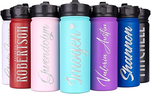 Botella de agua personalizada con popote y tapa, 18 onzas, 9 colores, 8 diseños grabados, botella de agua deportiva personalizada con nombre o texto