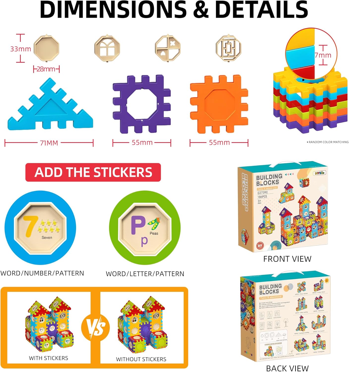 Waffle Blocks Toy Building Set, 186 Pcs Building Blocks for Toddlers & Kids, 35+ Creative Builds, Alphabet & Number Stickers, STEM Construction Toy with Storage Bag
