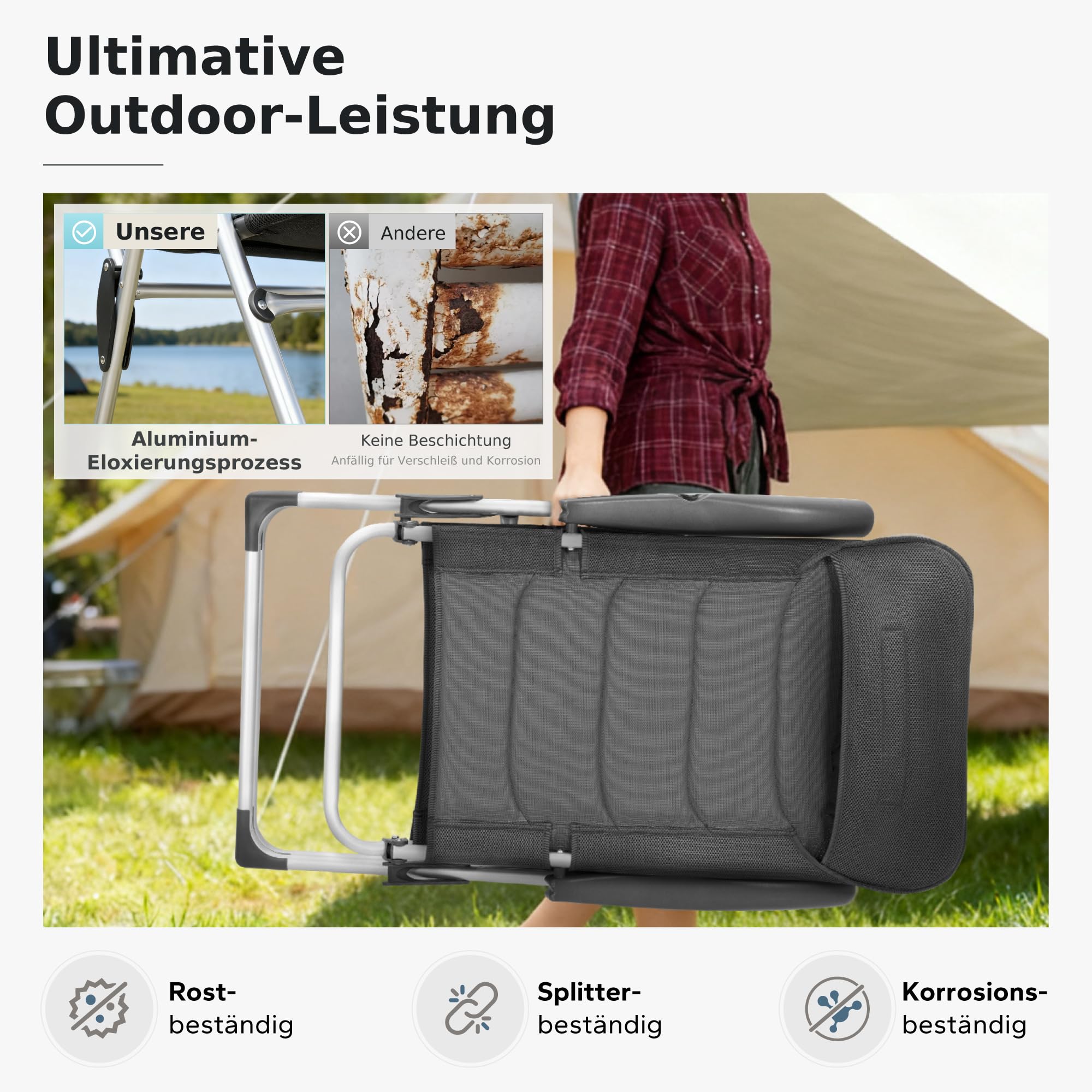 LET'S CAMP Luxus Gartenstühle Hochlehner 2er Set, Aluminium Hochlehner Gartenstuhl Klappbar Klappstuhl Balkonstuhl Campingstuhl 7-Fach Verstellbar Alu mit hoher Rückenlehne, Belastbar 120 KG Grau
