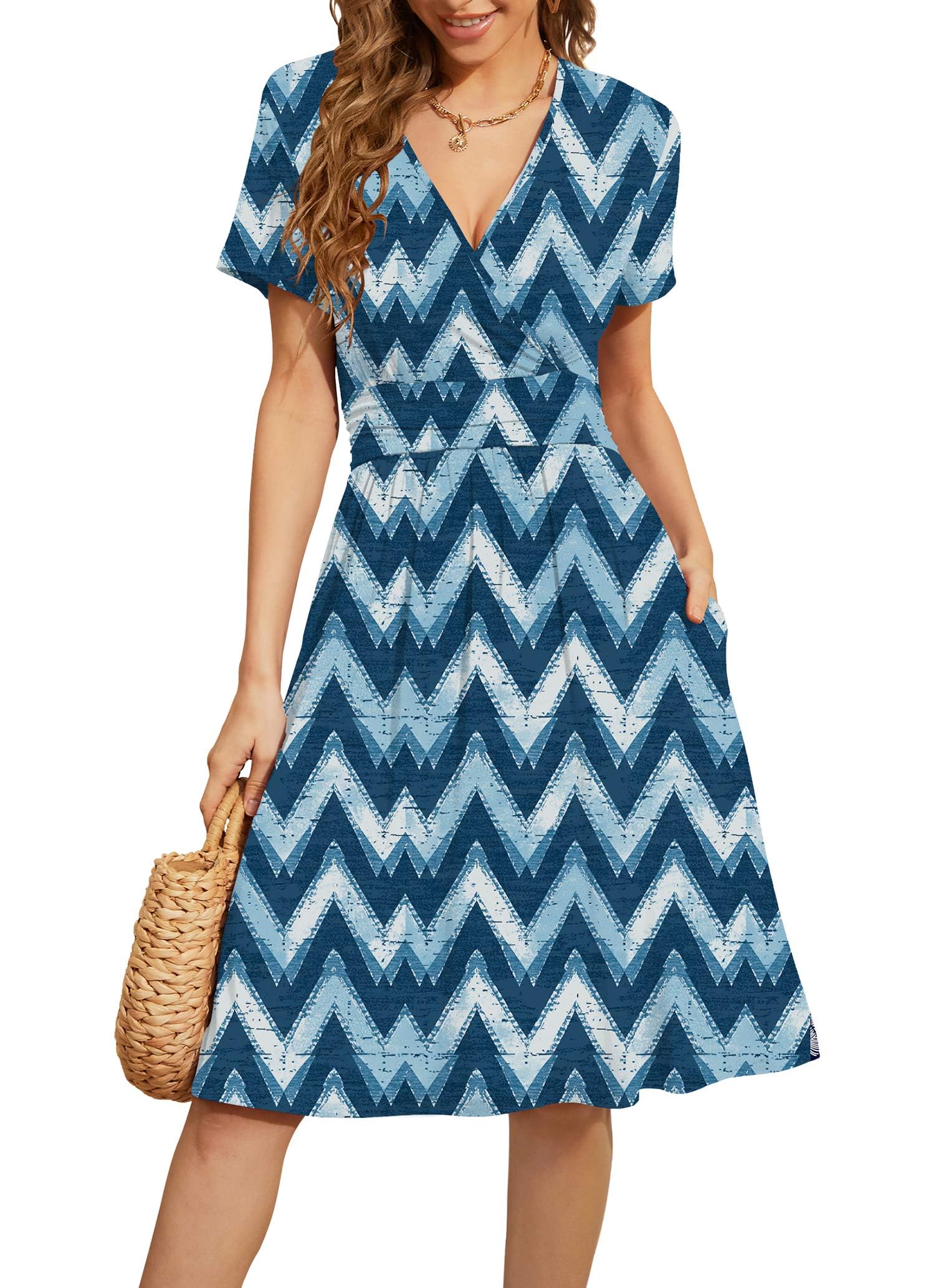 WEACZZY Women's Summer Short Sleeve Casual Dresses V-Neck Floral Party Dress with Pockets