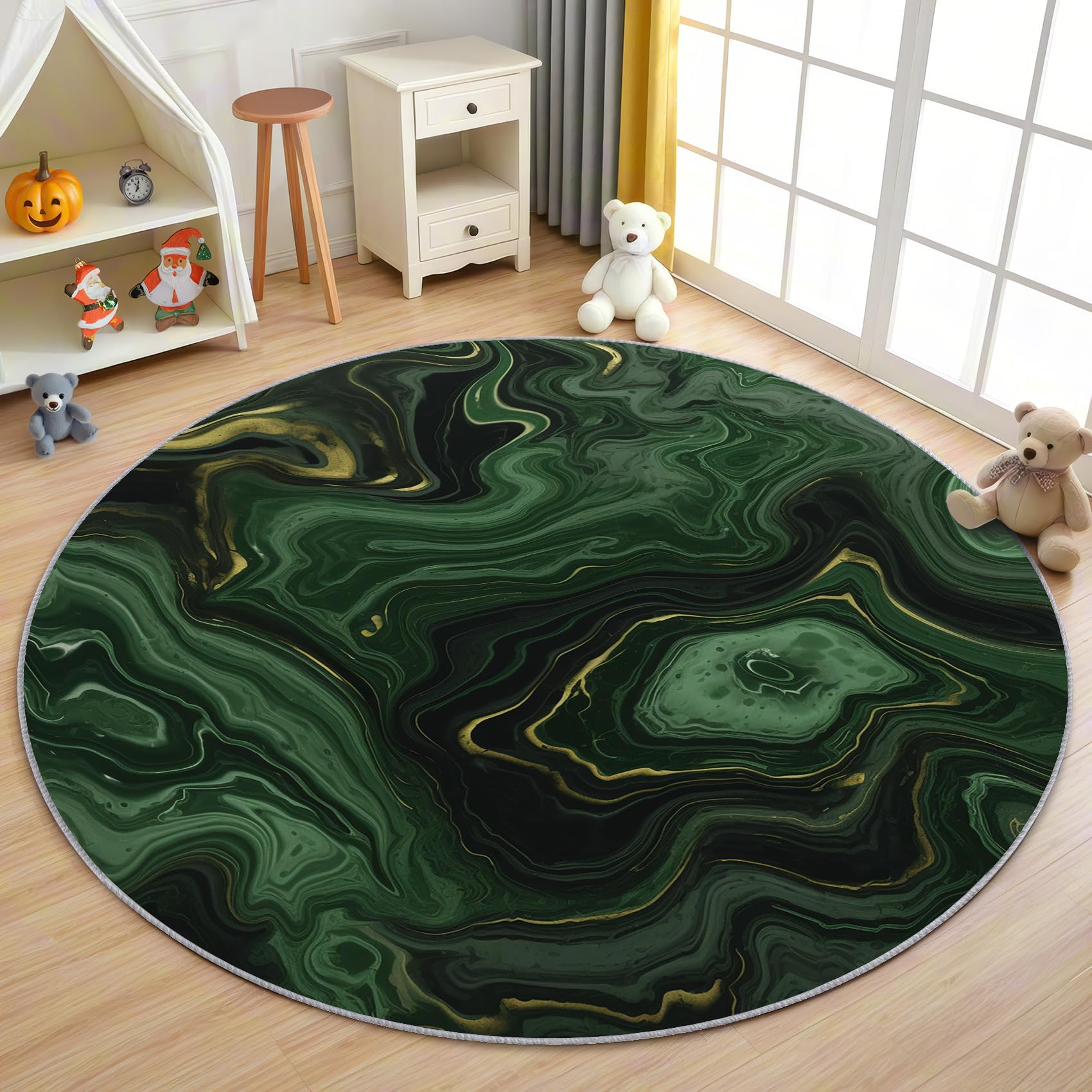 Grün Marmor Teppich Rund 200cm Kurzflor - Waschbare Teppiche Wohnzimmer Marmor Optik - Runder Teppich 200 cm Durchmesser Kinderzimmer - Bettvorleger Schlafzimmer rutschfest Weich