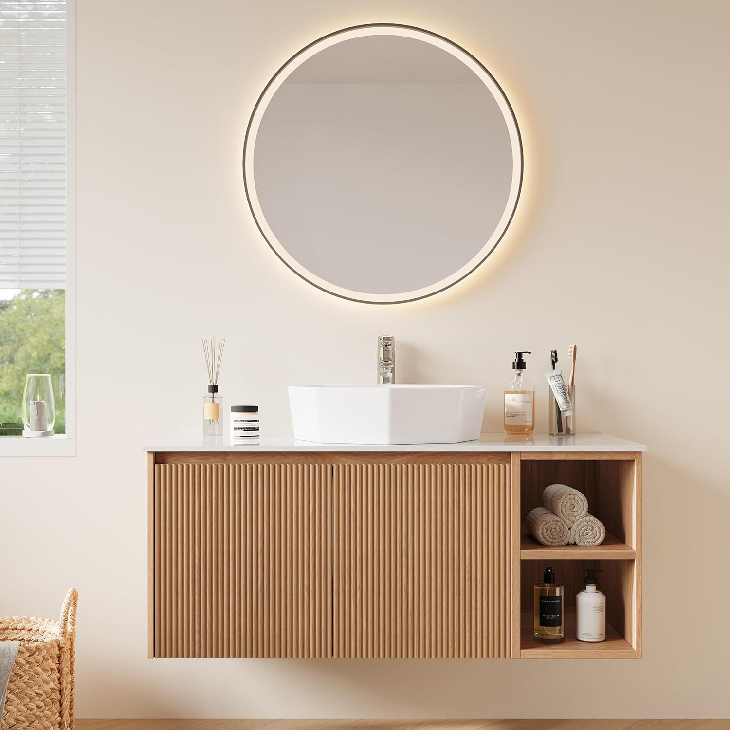 36" Floating Bathroom Vanity with Sink Combo, Mid-Century Modern Wall Mounted Bathroom Cabinet Set with Storage, Ceramic Basin, Light Walnut (Diamond-Shaped Pure White Ceramic Sink)
