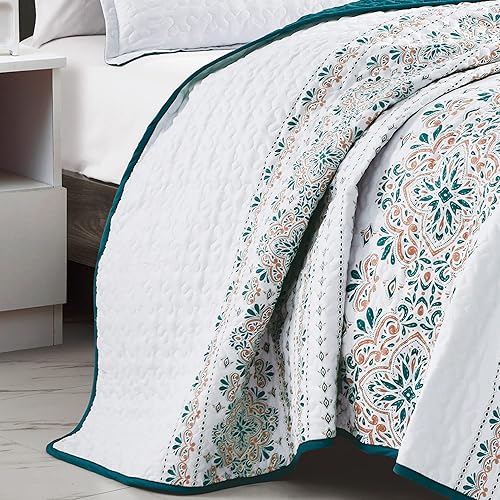 Miniatura 2 de ESCA Juego de colcha reversible de 3 piezas con medallón adornado blanco y verde azulado con 2 fundas de almohada, tamaño KingCal King,