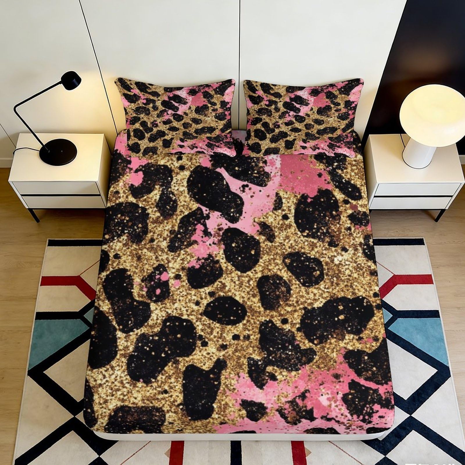 3D Printed Leopard Print Fitted Sheet Microfiber Soft Pink Gold Splash Bed Sheet for Bedroom Guestroom Dorm Decor 90x200x25cm