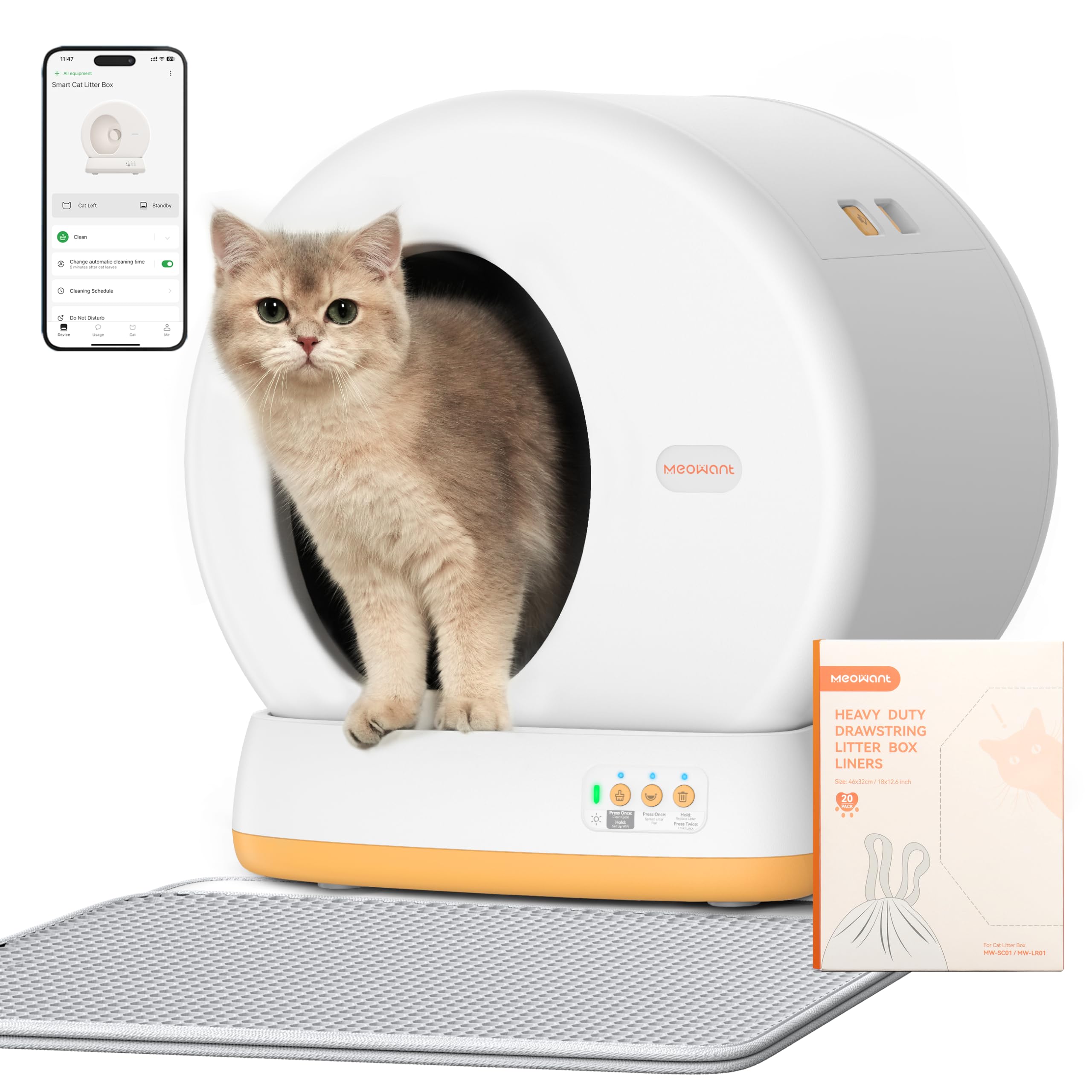 MeoWant Automatic Cat Litter Box?Anti Pinch Self Cleaning Litter Box for Multiple Cats, App Control/Odor Free/Extra LargAutomatic Cat Litter Box Includes Trash Bags, Yellow