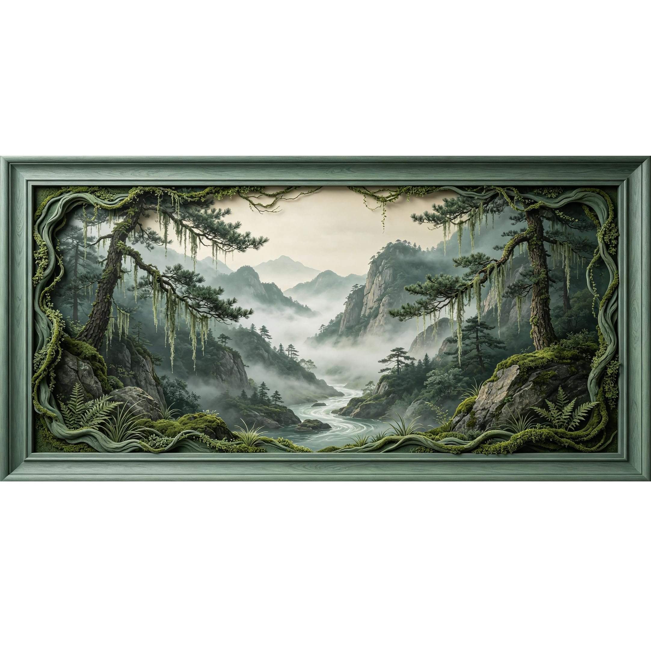 Agglomerix 3D Framed Wall Art Misty Mountain Lake Forest Landscape Trompe l'oeil Texture Large Size SelfAdhesive Removable Wall Decor Prints Artwork for Living Room Bedroom Office
