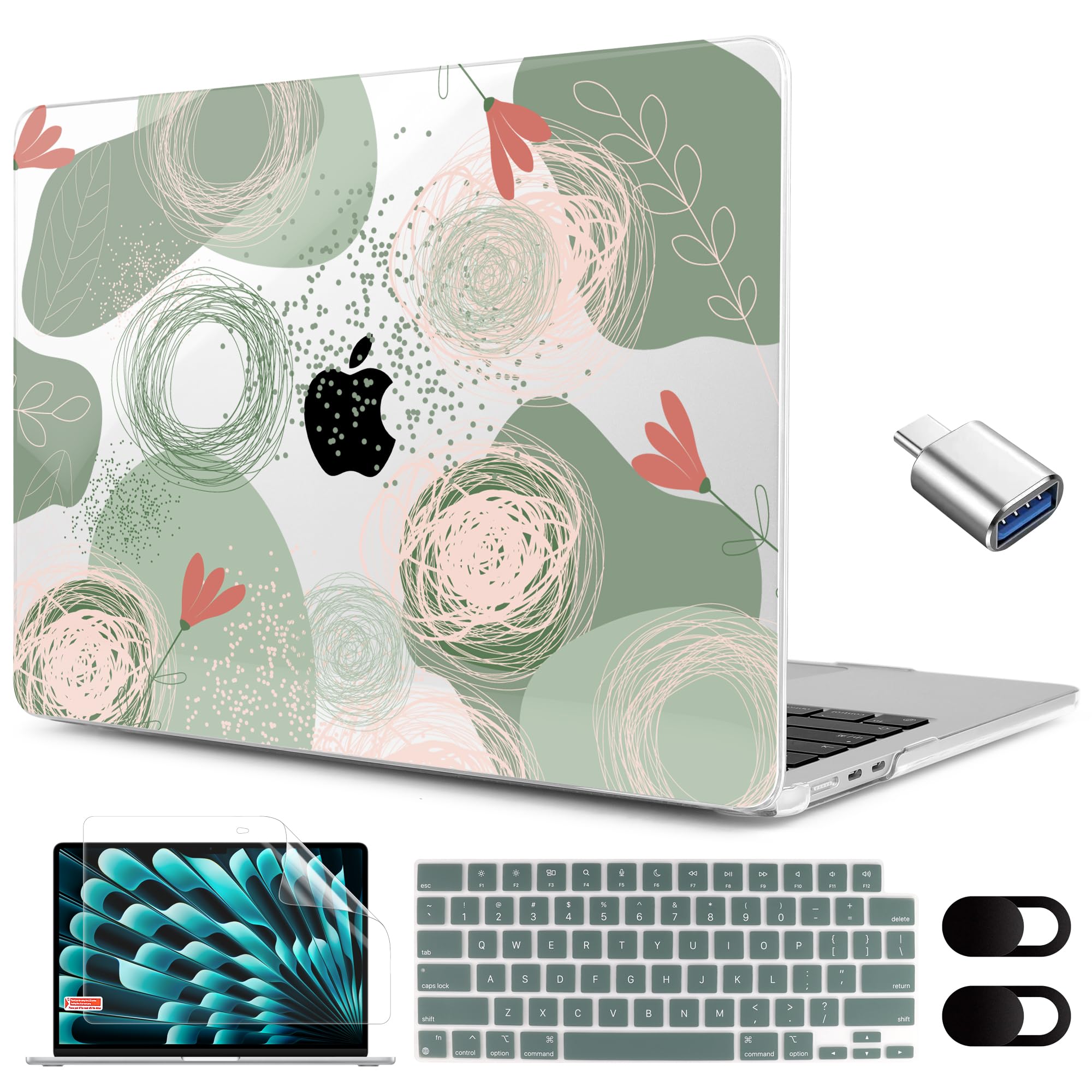 MEEgoodo for M4/M3/M2 MacBook Air 15.3 inch Case 2025 2024 2023, Case Fit Model (A3241/A3114/A2941) for MacBook Air 15 inch, Laptop Hard Shell with Keyboard Cover, Floral Creative Design