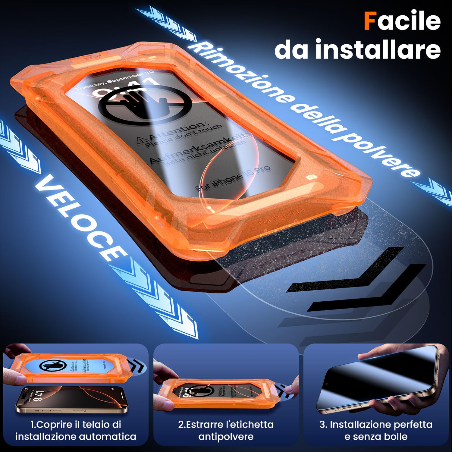 UniqueMe per iPhone 16 Pro Pellicola Protettiva - 2 Pezzi Pellicola Vetro Temperato per iPhone 16 Pro, Rimozione Automatica Della Polvere, Auto Guarigione, Installazione Facile e Veloce
