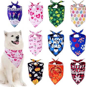 10PCS Holiday Dog Bandanas Set, VIPITH Dog Scarf Bandana for Large Dogs Cats Boy Girl, Easter Mothers Day Fathers Day 4th of July Halloween Thanksgiving Christmas Birthday Dog BandanasSize XL