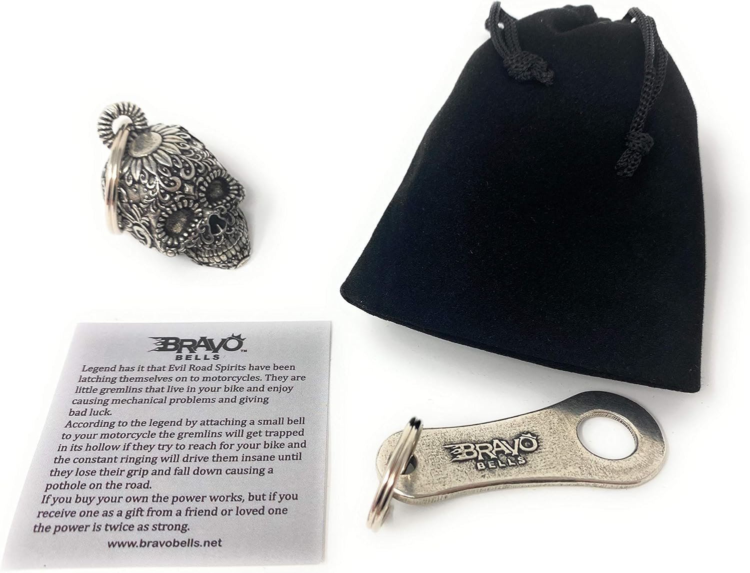 Bravo Bells 3-D Sugar Skull Biker Bell with Bell Hanger - Motorcycle Biker Bell Accessory or Key Chain for Luck