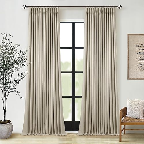 Miniatura 17 de Cortinas de lino 100% opacas de 90 pulgadas con pliegues de 2 paneles para sala de estar, con pestaña trasera plisada, cortinas oscuras con forma de