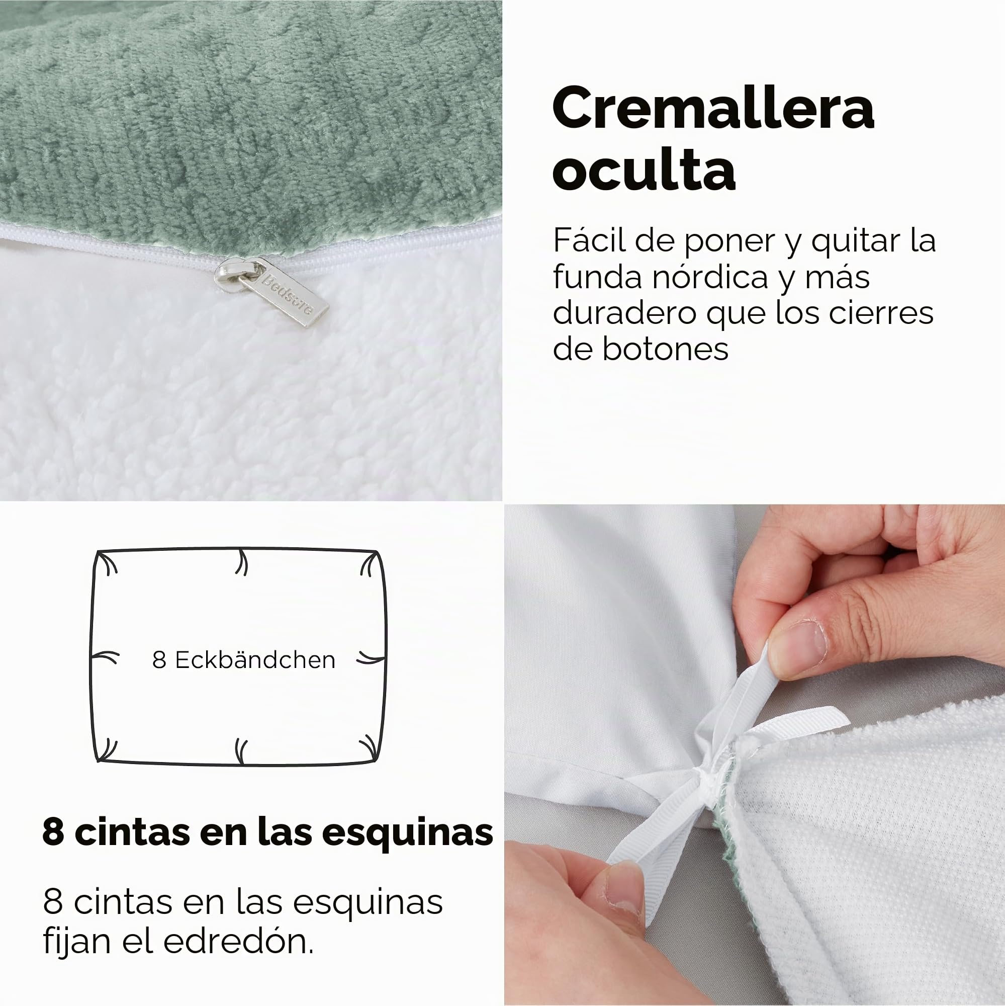 Bedsure Ropa de cama mullida de 155 x 220 cm, verde, funda nórdica de invierno de forro polar con 2 fundas de almohada de 80 x 80 cm, cálida con cremallera, de invierno