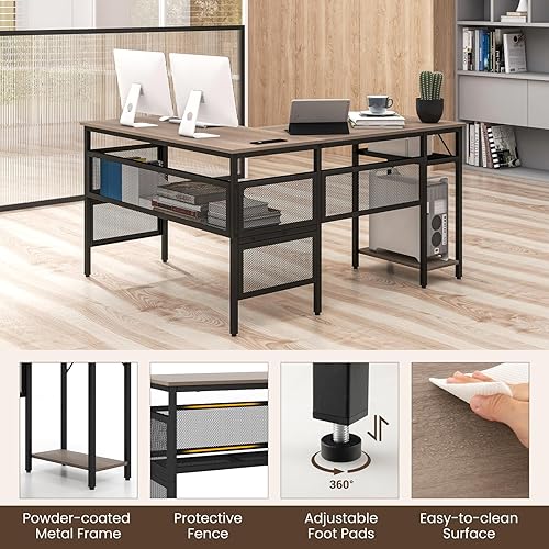 Miniatura 6 de Tangkula Escritorio reversible para computadora en forma de L con estación de carga y estantes, escritorio de esquina grande para juegos con estante