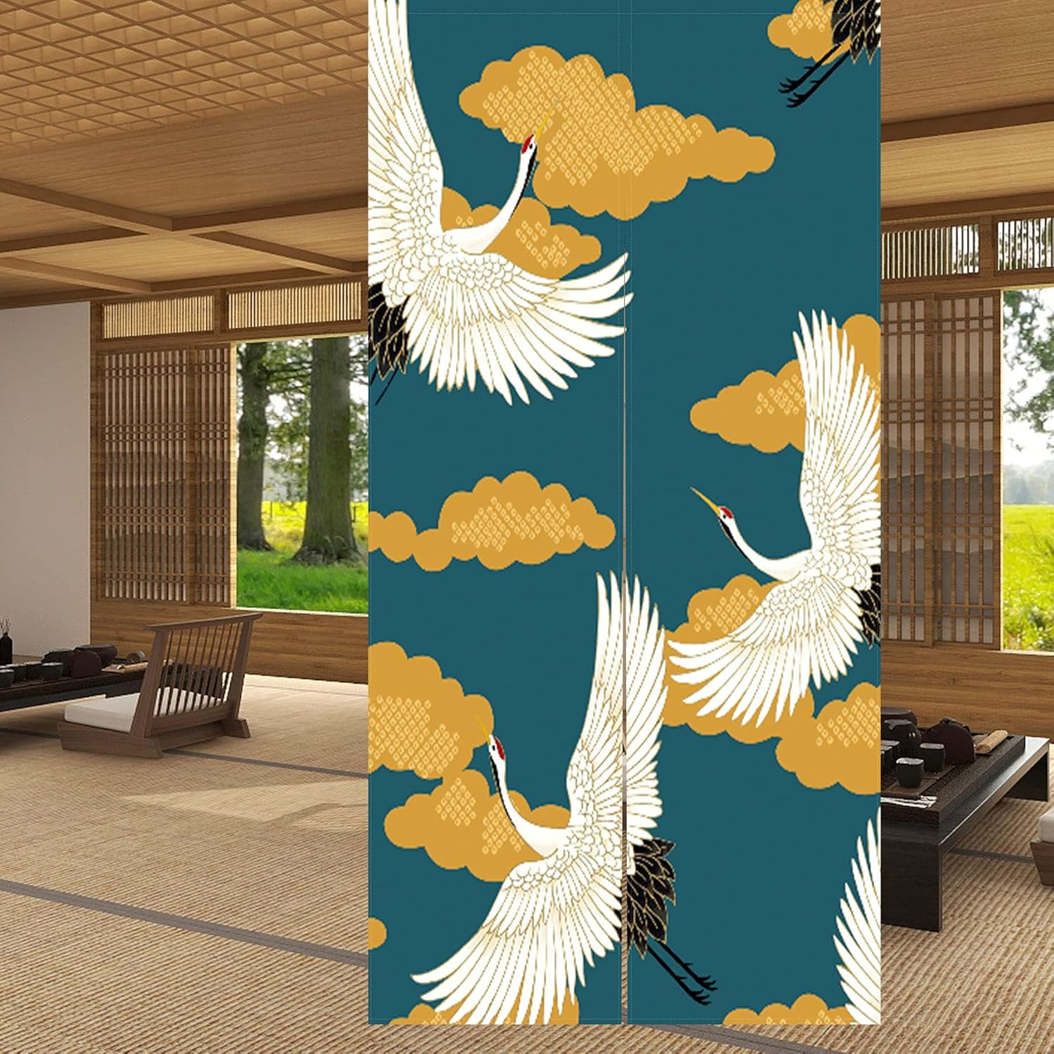 LIGICKY Noren Japanese Style Doorway Curtain Cranes Printed Linen Window Treatment Door Tapestry for Home Decoration 33.5" Width x 70.9" Long