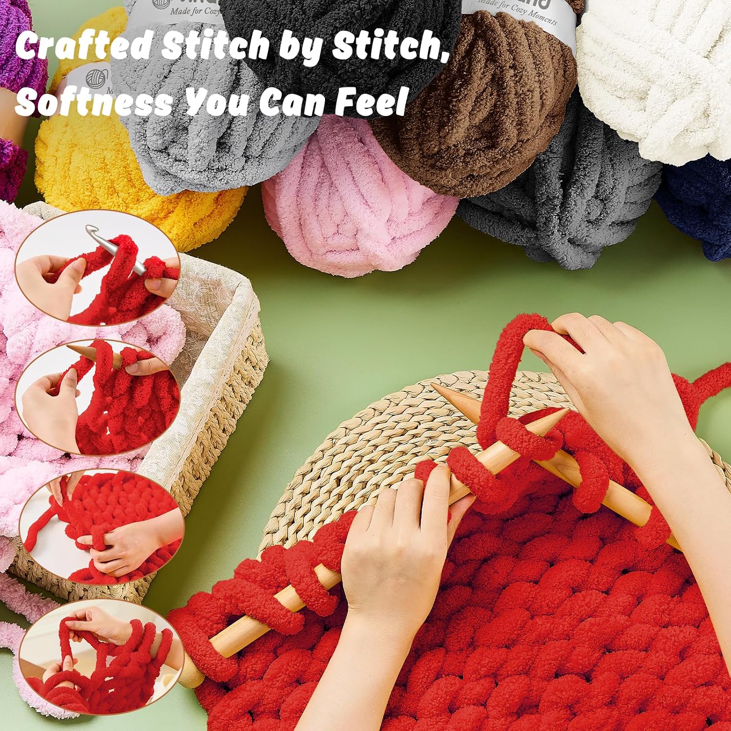  Classic Red Chunky Chenille Yarn for Hand Knitting,Thick Bulky Mom Blanket Yarn for Crocheting,Soft Fluffy Yarn for Mother’s Day Gifts and Crafts for Women/Grandma,4 Pack (29.5Yds/8.4oz Each) thumbnail