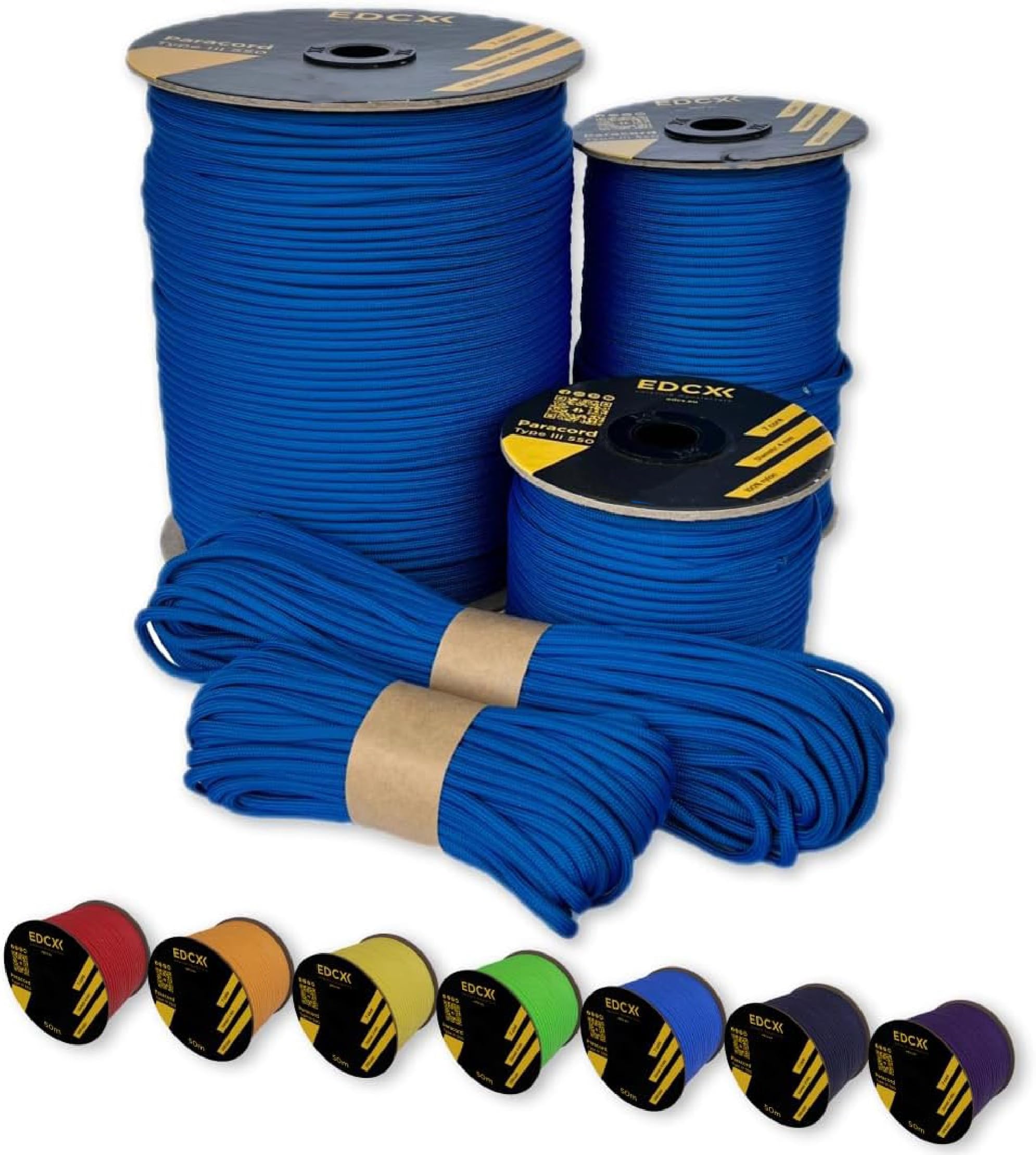 EdcX Paracord 4 mm, 35+ solid colours (15 m, 30 m, 50 m, 100 m, 300 m). Ideal for crafts, camping, outdoors. 100% nylon rope 4 mm. Tactical cord 550 type III (blue, 50 m)