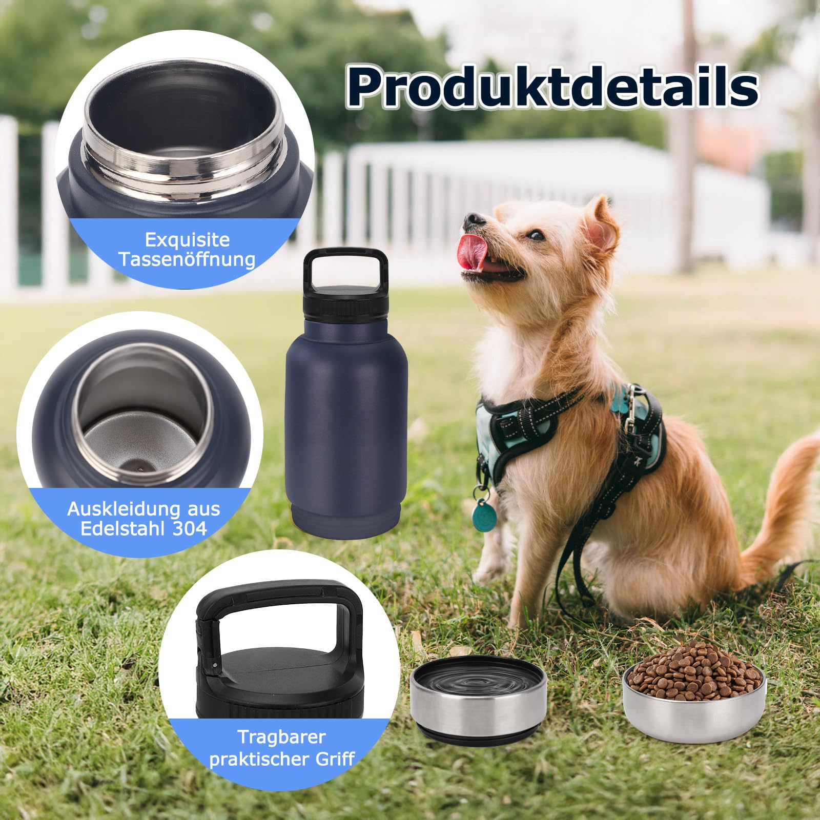 Bottiglia per Cani Isolata, Dispensatore 3in1 in Acciaio Inossidabile – Cierre Anti-Fuoriuscita, 2 Bevederi, Ideale per Viaggi (Nero,1000ml)