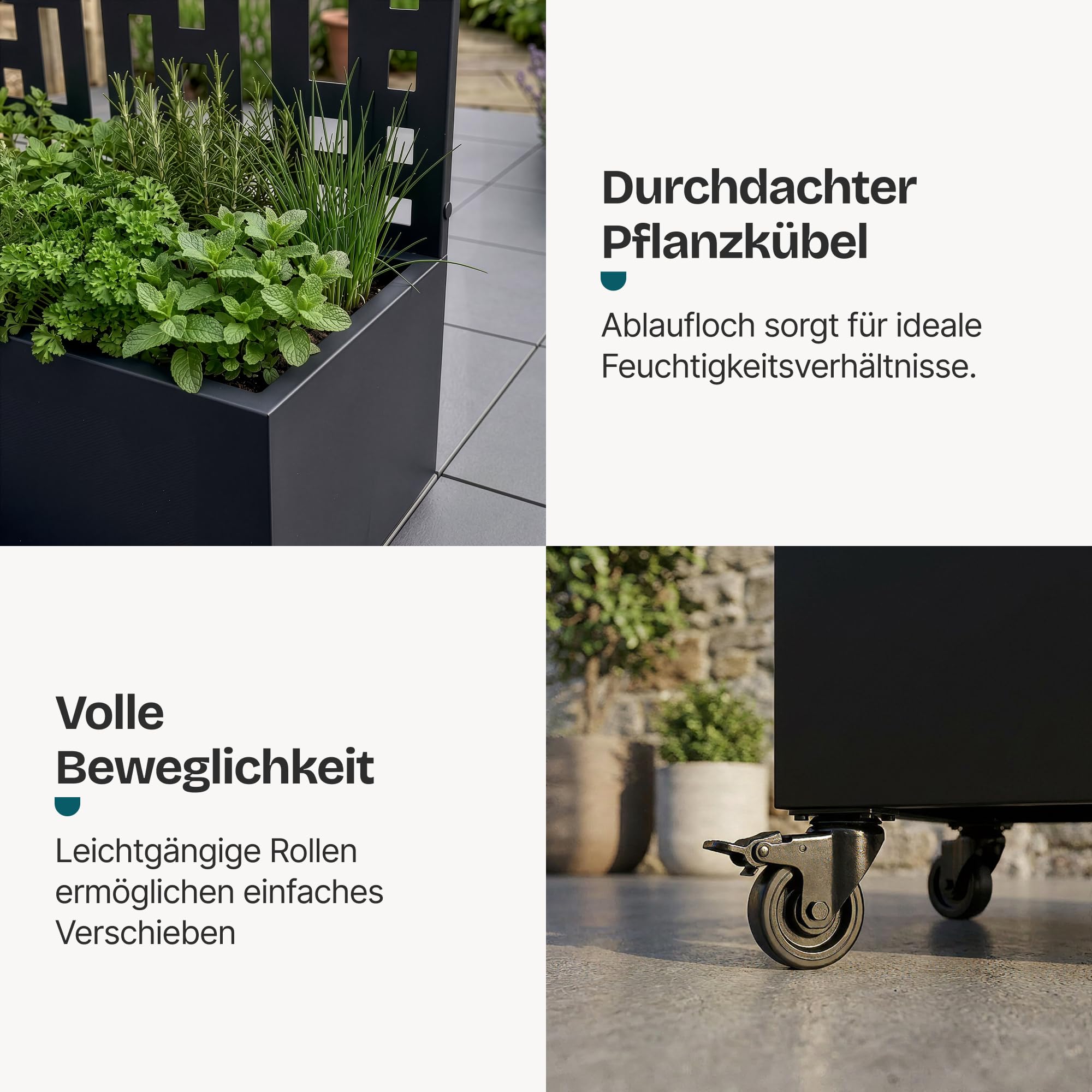 casa.pro Blumenkasten mit Sichtschutz Bernalda 190x120x38 cm Schwarz | Trennwand mit Rollen, Rundbogenform, Rankgitter, Metall, verzinkt, Balkon, Pflanzkübel hoch