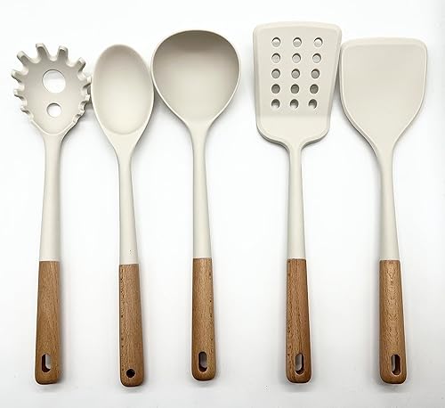 Juego de utensilios de cocina de silicona sin BPA Utensilios de cocina de silicona resistentes al calor con asas de madera de haya, juego de