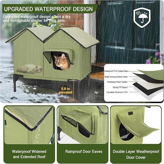 Heated Cat House, Large Heated Outdoor Cat House Weatherproof for Winter, Elevated Waterproof Insulated Cat Houses for Outdoor Cats, Comfortable and Warm Feral Cat Shelter (Green)