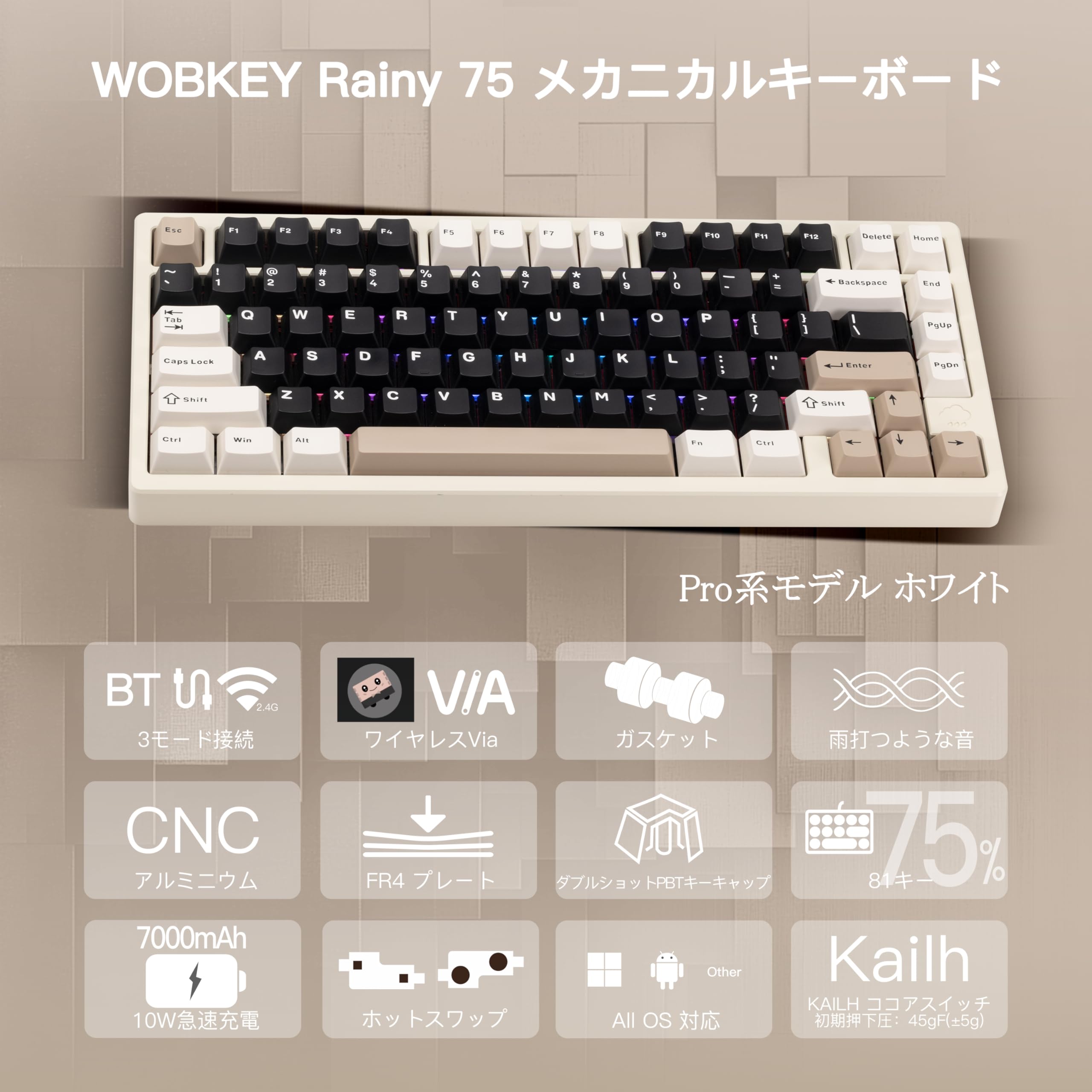 Amazon.co.jp: WOBKEY Rainy 75 Keyboard, Mechanical Keyboard, 3-Way