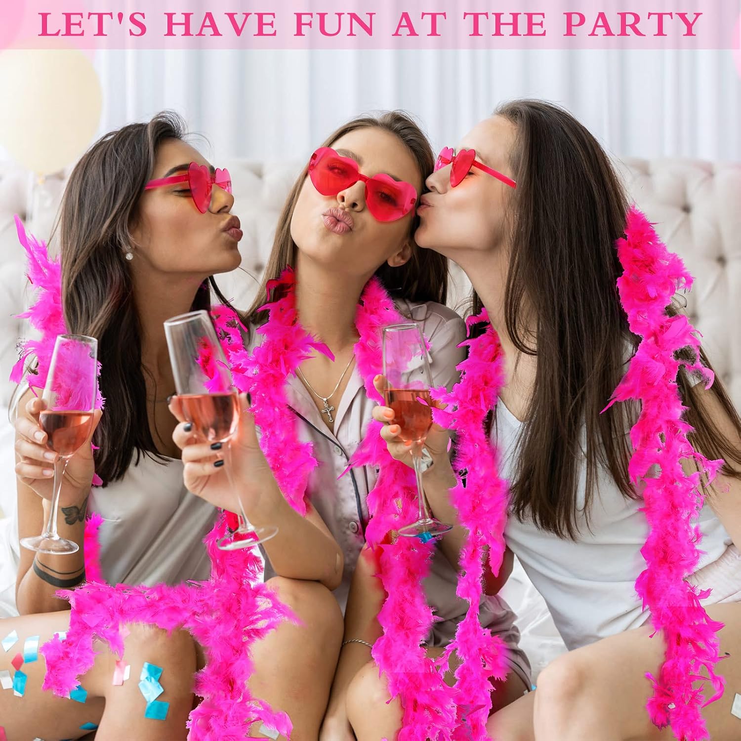 Yunsailing 12 Pcs Feather Boas for Party Bulk Photo Booth Props, Pink 6 ft Boas and Heart Shaped Sunglasses Trendy Glasses for Women Girls Costume Wedding Bachelor Party Favors Dancing Crafts Decor