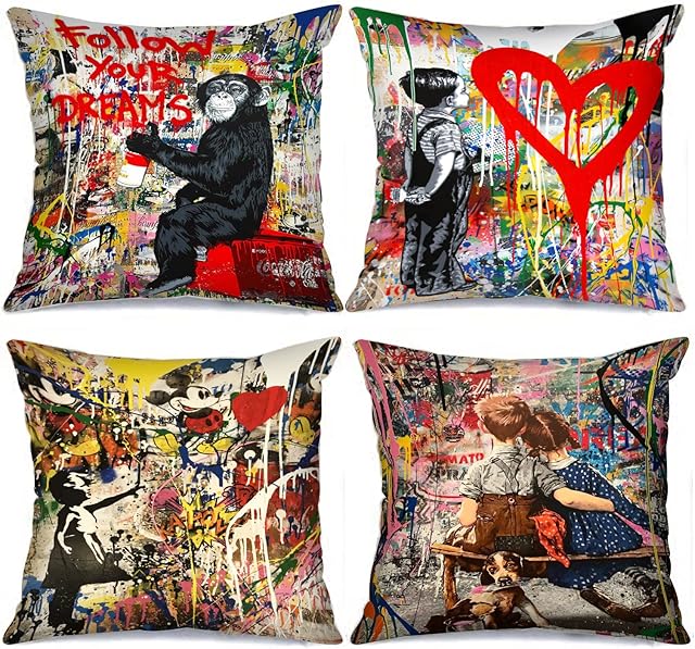 Tucocoo Banksy Decorative Pillow Covers 18x18 inch Set of 4 Street Graffiti Art Throw Pillow Covers Little Boys and Girls Cushion Case Outdoor Decorations Monkey Throw Pillow for Couch Sofa Bed Car