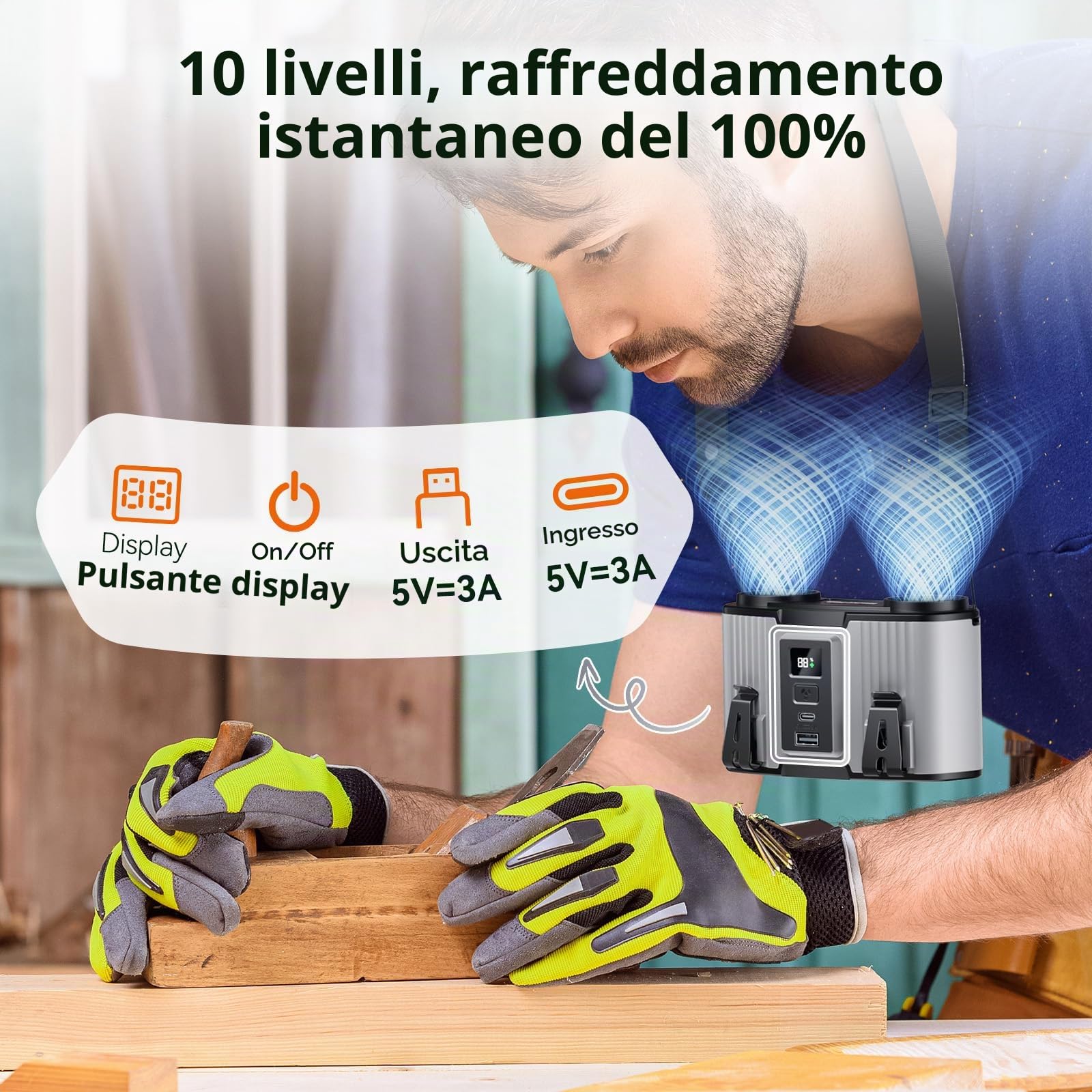 Ventilatore da cintura portatile da 24000 mAh, con clip, ricaricabile, doppio motore con doppio canale d'aria, 10 velocità, 45 ore di autonomia, per cantiere, lavoro all'aperto, viaggi, interruzione