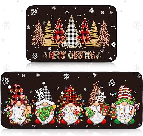 Juego de 2 alfombras de cocina de Navidad, gnomo de nieve, Papá Noel, antideslizantes, de perfil bajo, a cuadros, decoración de Navidad para