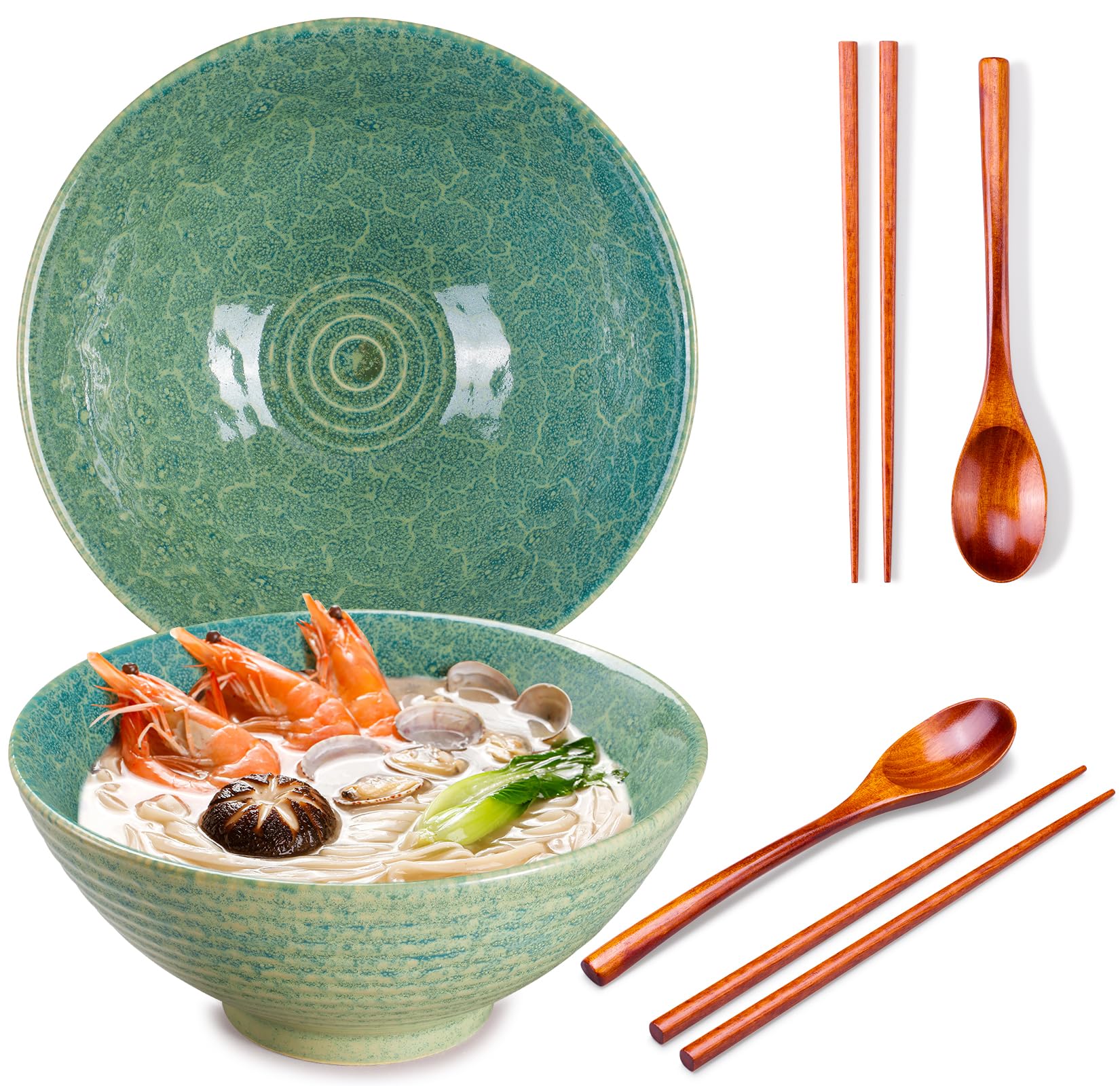 Ceraozmus Ramen Bowl Set Made of Ceramic Set of 8, 2X Ramen Bowl with Chopsticks Ceramic Bowl & Frame Spoon for Asian Noodles and Udon (Emerald Green 2 Sets)