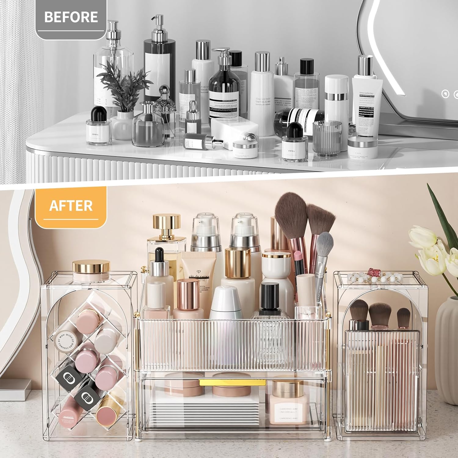 INVSSENE Stackable Makeup Organizer Countertop, Storage Perfume Skincare Cosmetic Lipstick Face Mask Makeup Brush Palettes, Ideal for Vanity Bathroom Counter