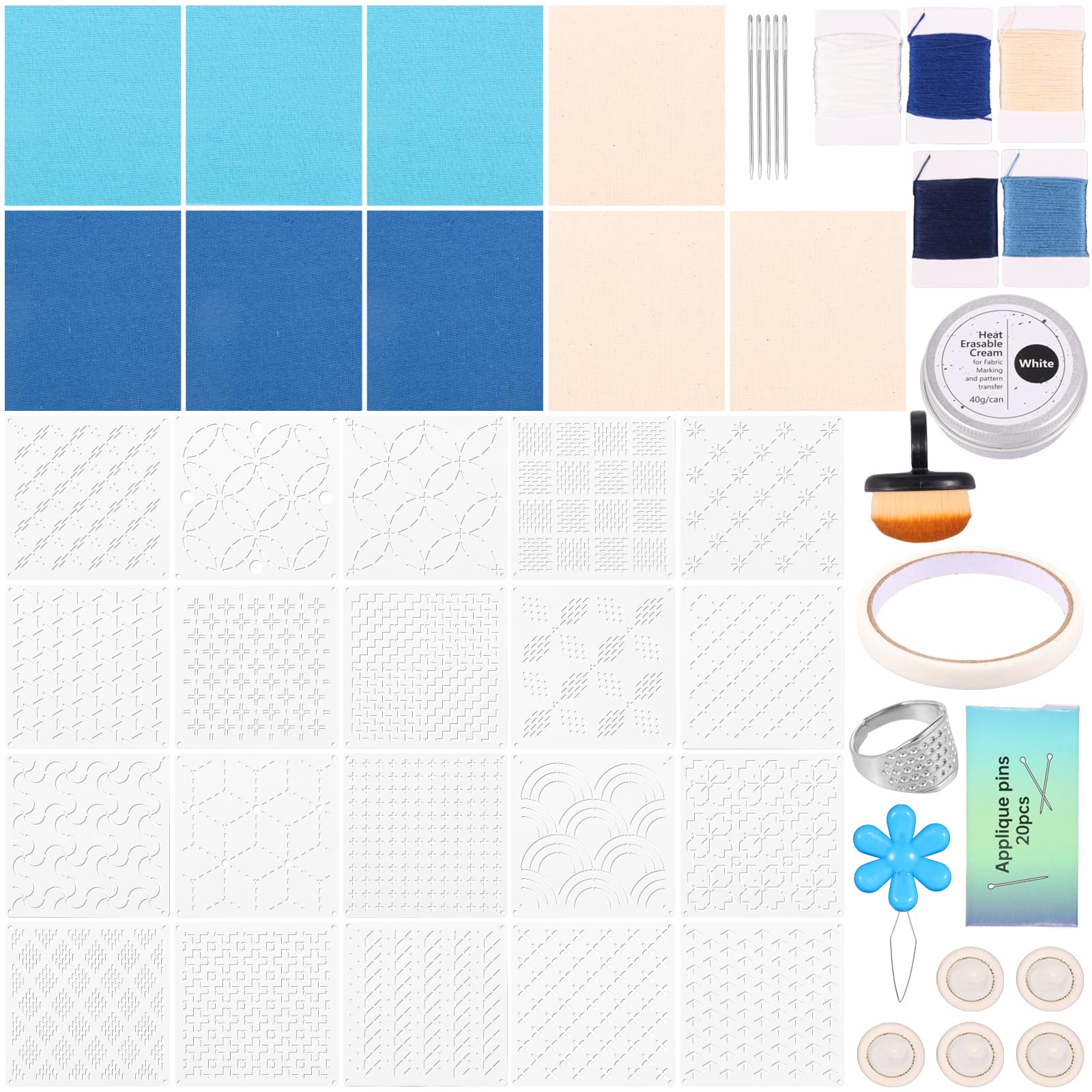 Jokapy Sashiko Kit with Sashiko Thread and Needles Thimble Fabric Finger Cots for Beginner Hand Quilting and Mending Sewing Supplly(Multicolor,ST01)