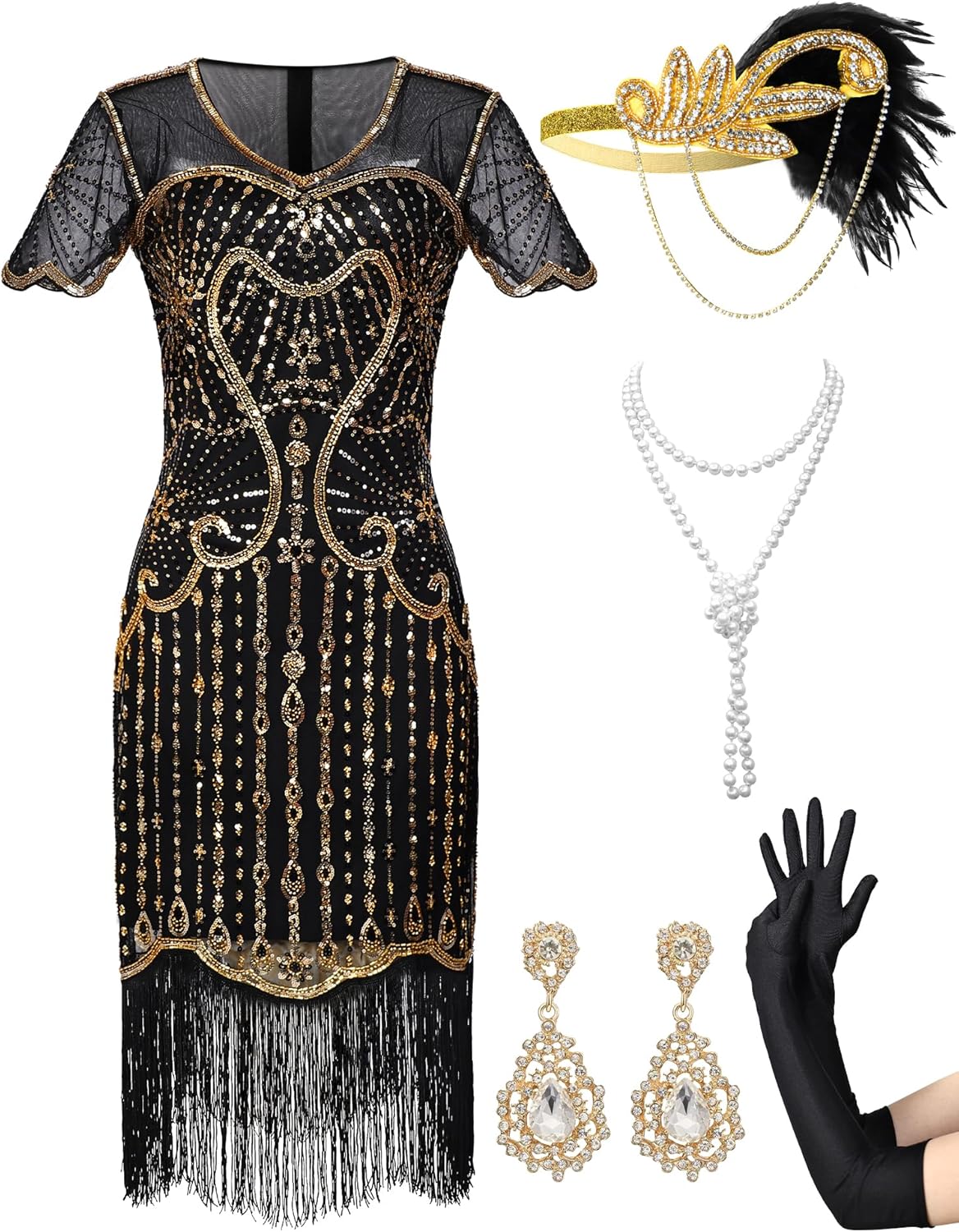 MTITE 1920s Flapper Dresses for Women,Sheer Beaded Sleeves Great Gatsby Dresses Roaring 20s Dresses Costumes with Accessories